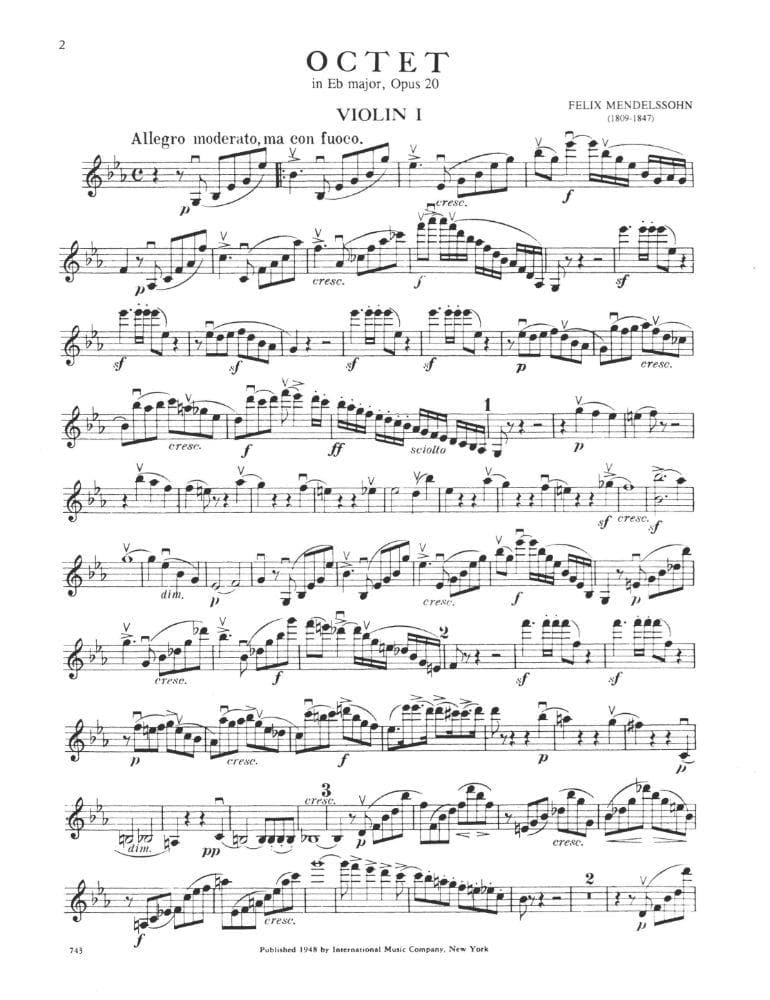 Mendelssohn, Felix - Octet in E-flat Major, Op 20 - Four Violins, Two Violas, and Two Cellos - International Music Co - Image 2