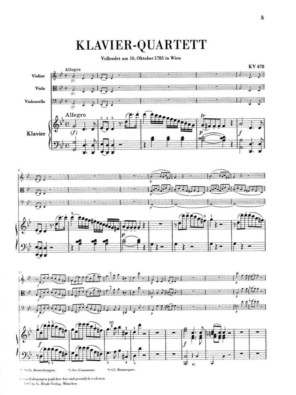 Mozart, WA - Piano Quartets, K 478 and 493 - Violin, Viola, Cello, and Piano - edited by Ernst Herttrich - G Henle Verlag URTEXT - Image 3