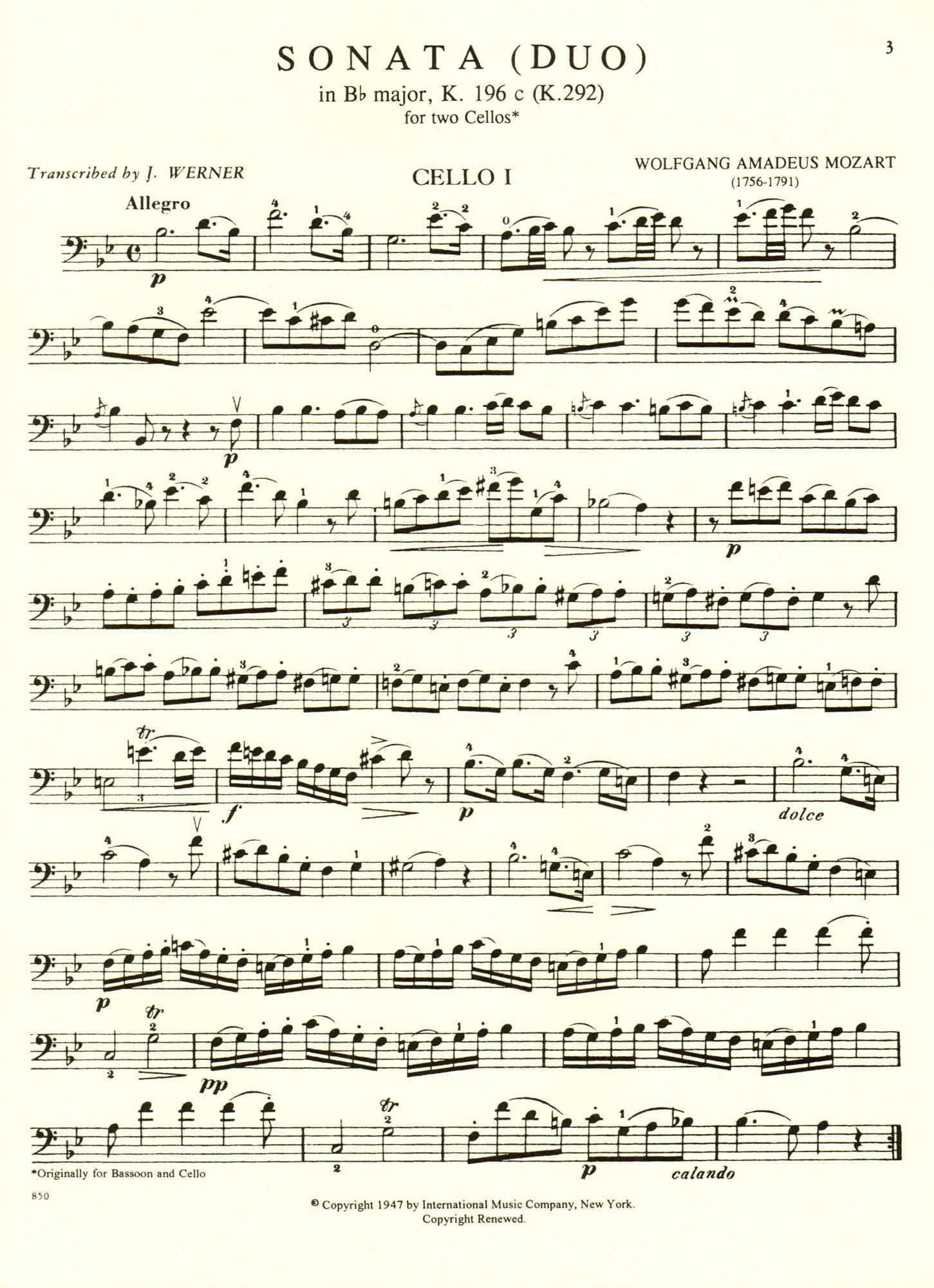Mozart, WA - Sonata in B-Flat Major, K 292 - Two Cellos - edited by J Werner - International Music Co - Image 2