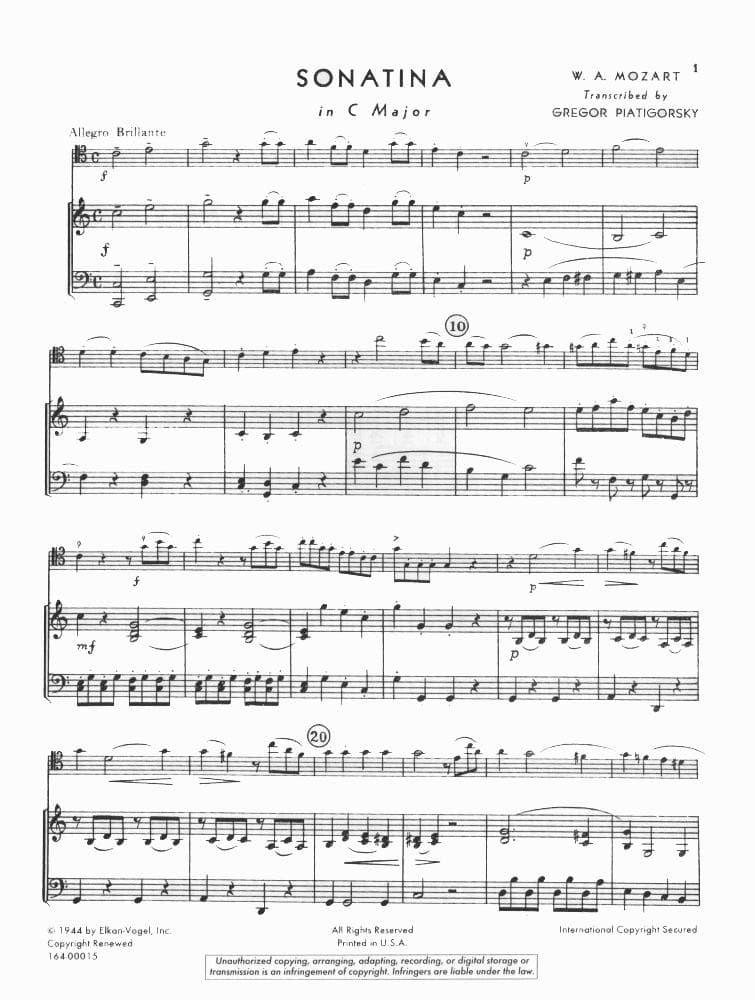 Mozart, WA - Sonatina in C Major - Viola and Piano - edited by Gregor Piatigorsky - Elkan-Vogel Edition - Image 3