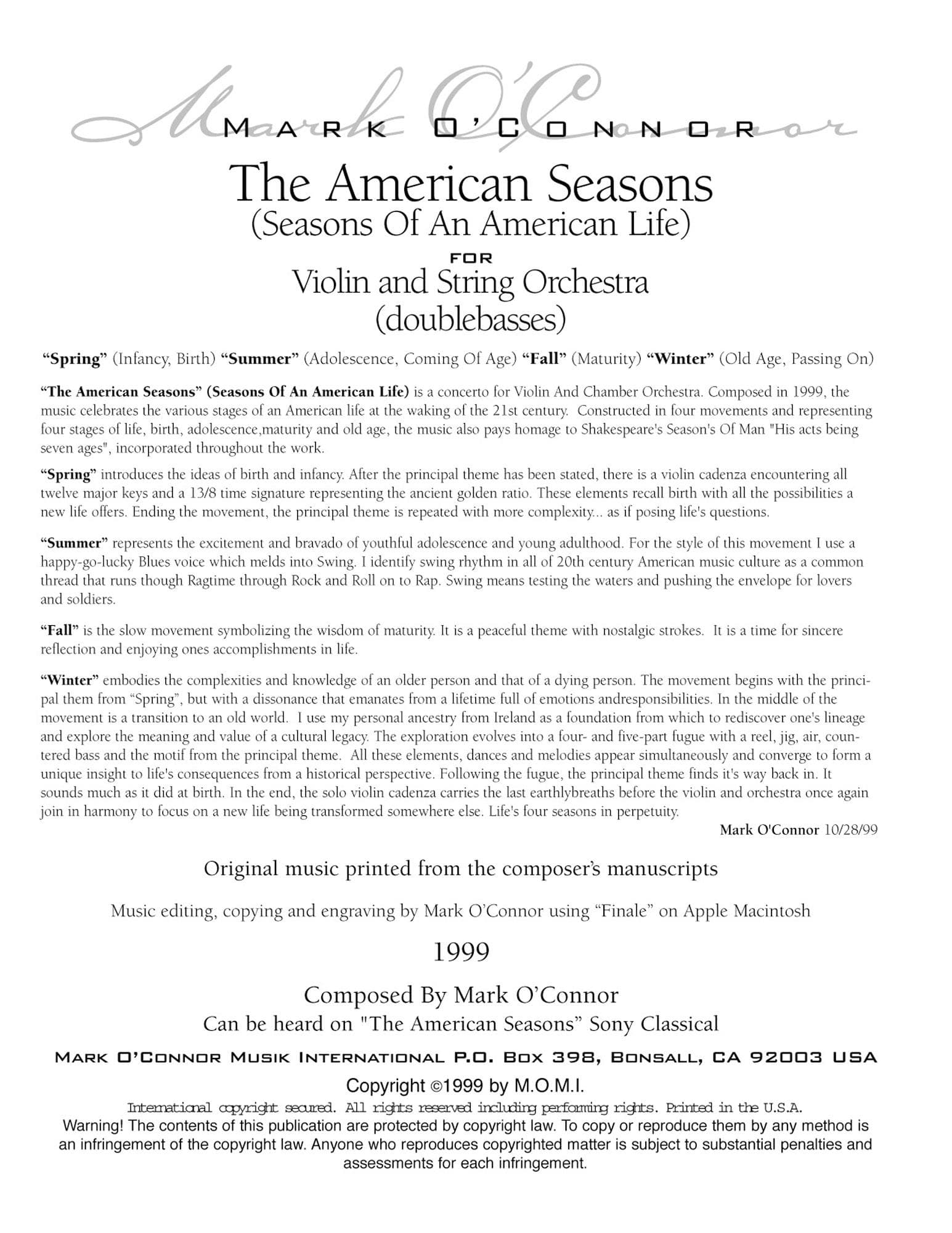 O'Connor, Mark - American Seasons for Violin and String Orchestra - Basses - Digital Download - Image 2