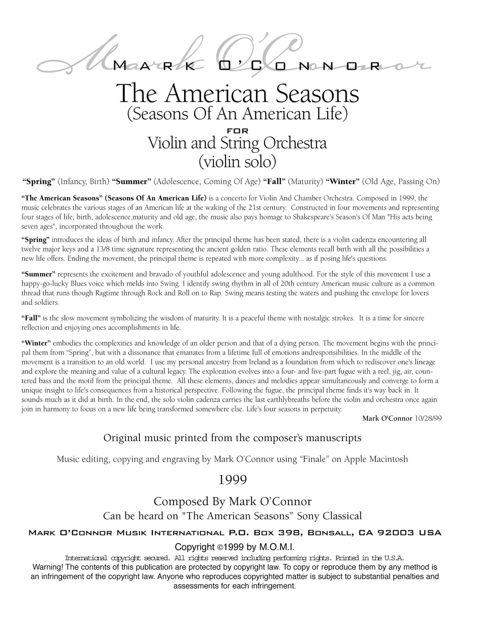 O'Connor, Mark - American Seasons for Violin and String Orchestra - Violin Solo - Digital Download - Image 2