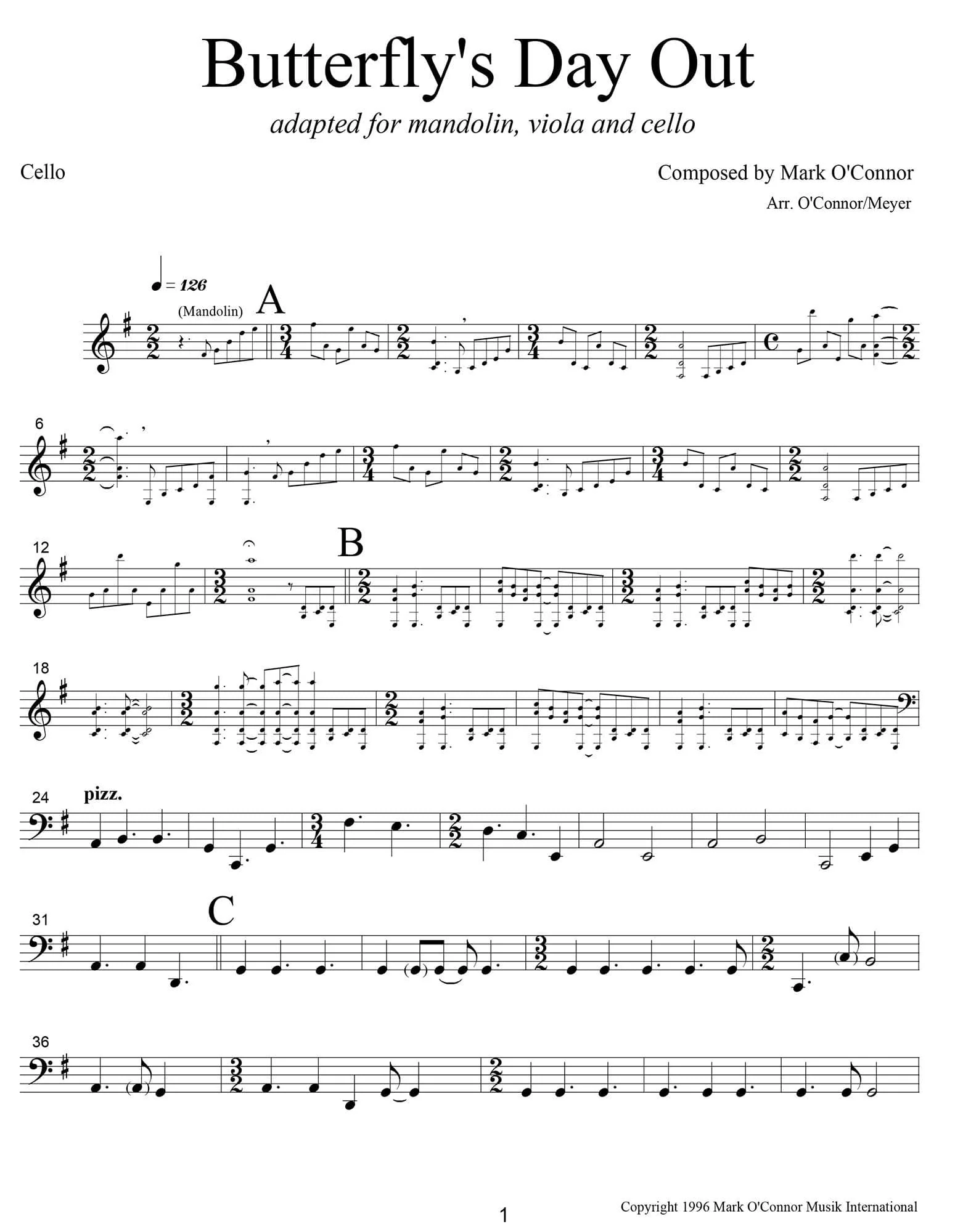 O'Connor, Mark - Butterfly's Day Out for Mandolin, Viola, Cello - Cello - Digital Download - Image 3