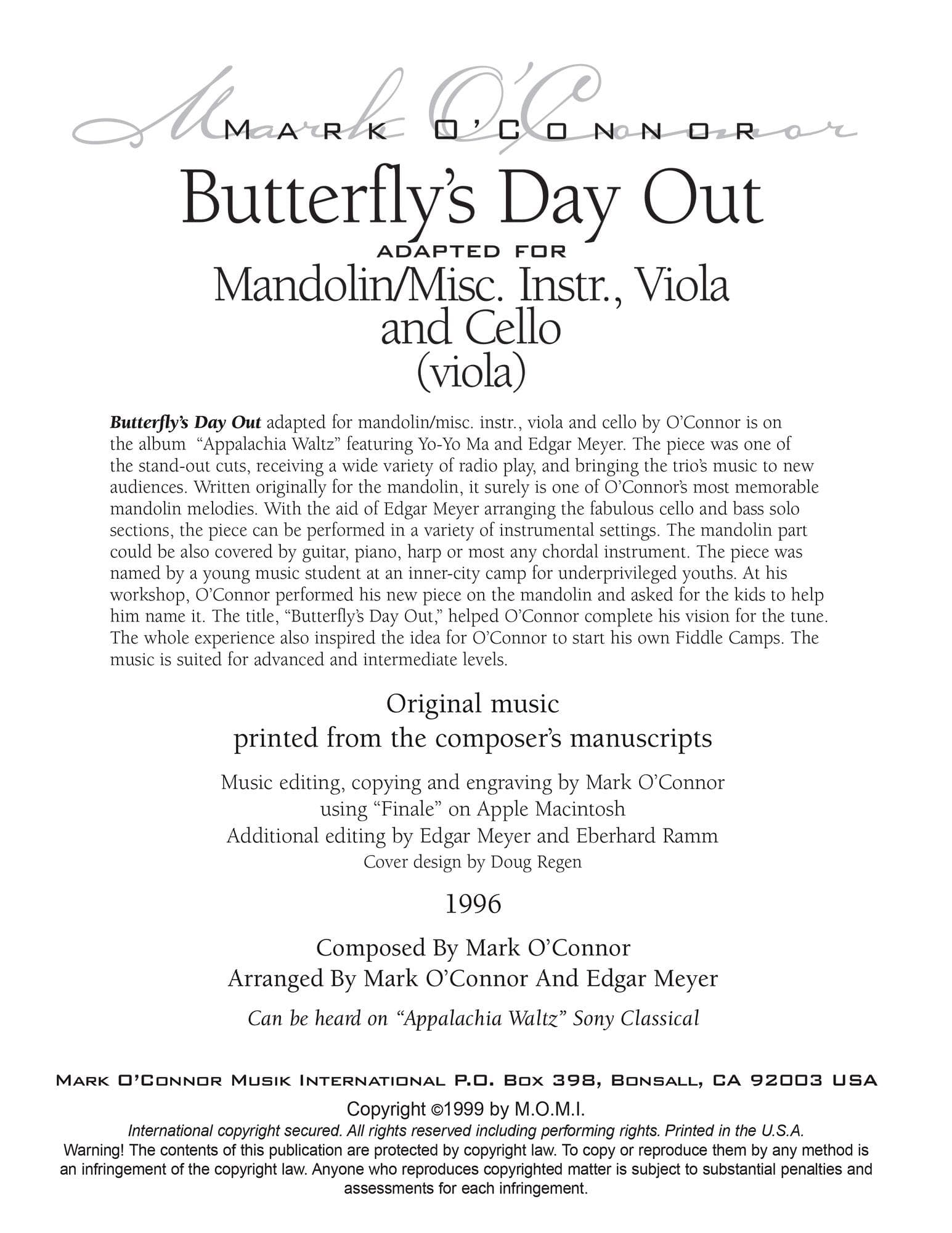 O'Connor, Mark - Butterfly's Day Out for Mandolin, Viola, Cello - Viola - Digital Download - Image 2