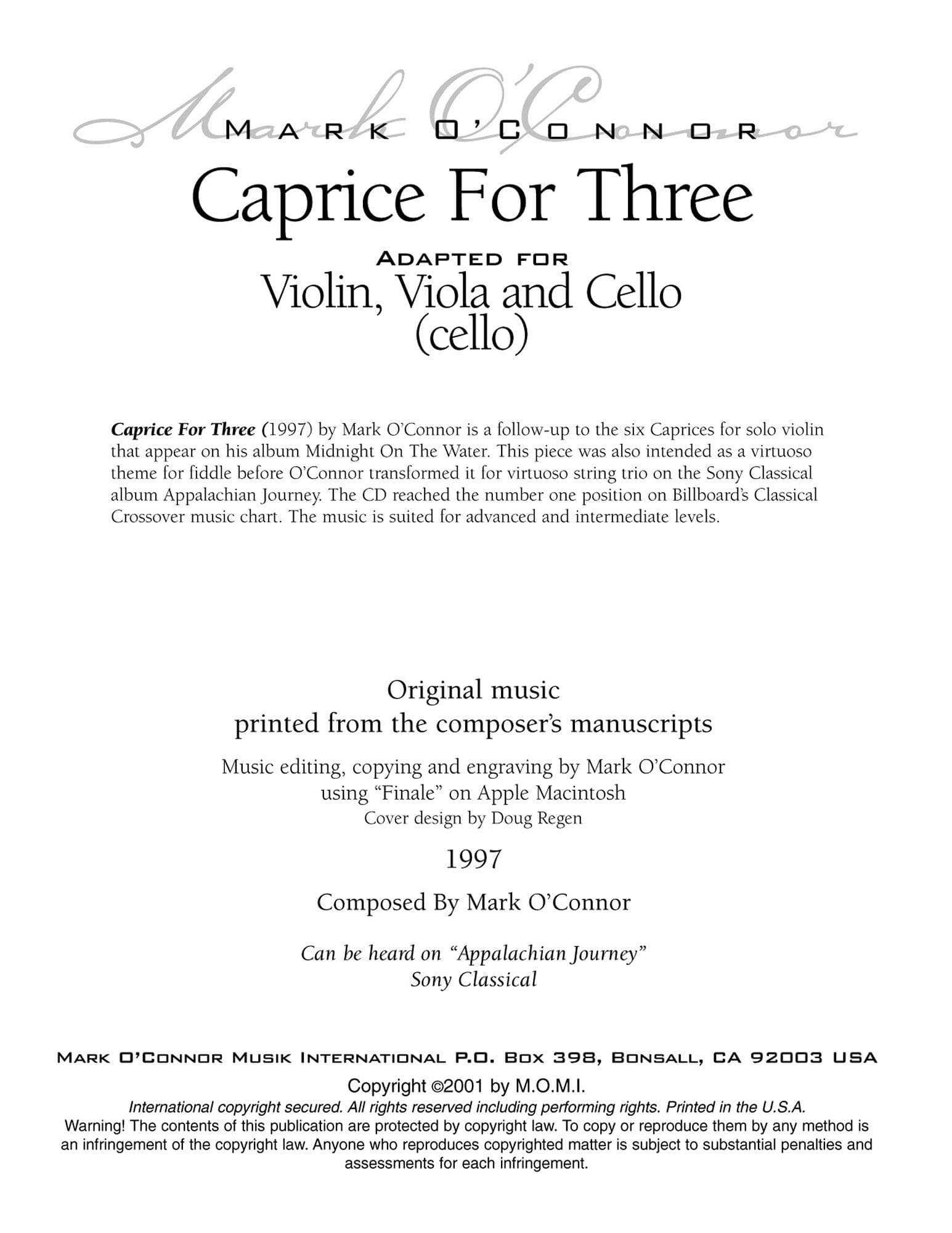 O'Connor, Mark - Caprice for Three for Violin, Viola, and Cello - Cello - Digital Download - Image 2