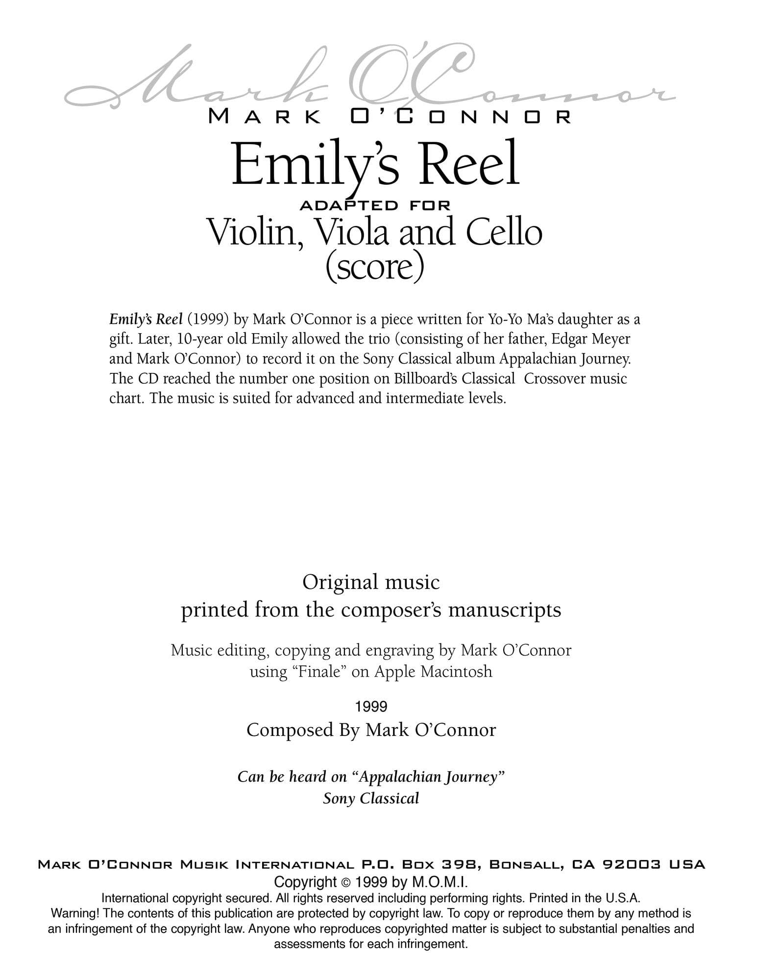 O'Connor, Mark - Emily's Reel for Violin, Viola, and Cello - Score - Digital Download - Image 2
