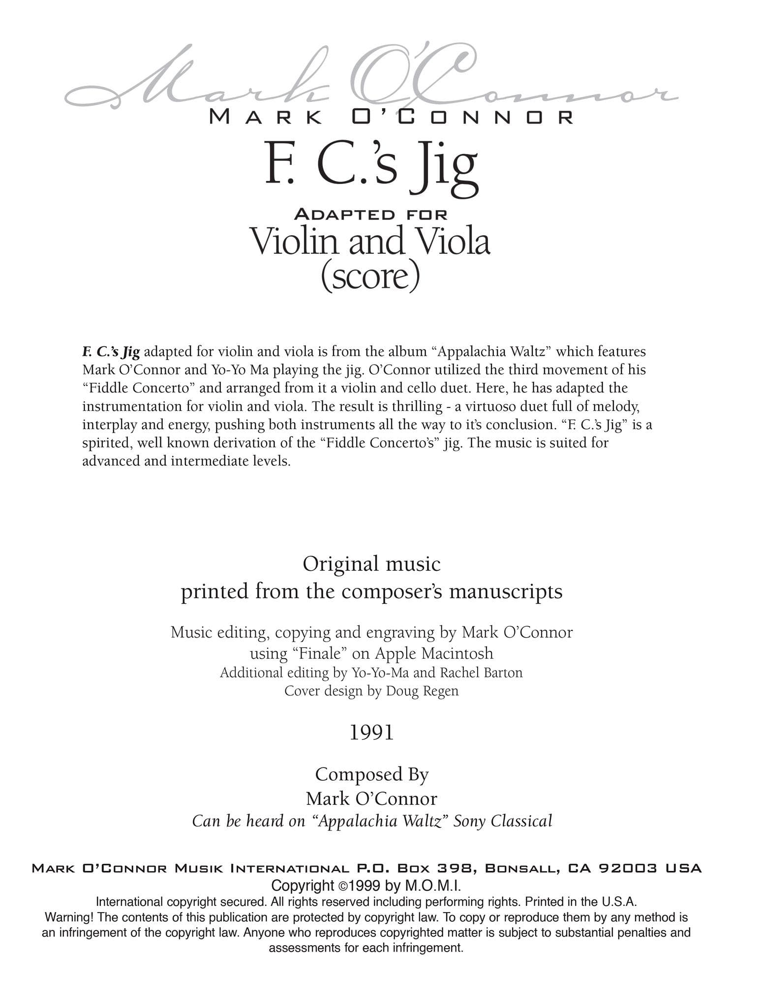 O'Connor, Mark - F.C.'s Jig for Violin and Viola - Score - Digital Download - Image 2
