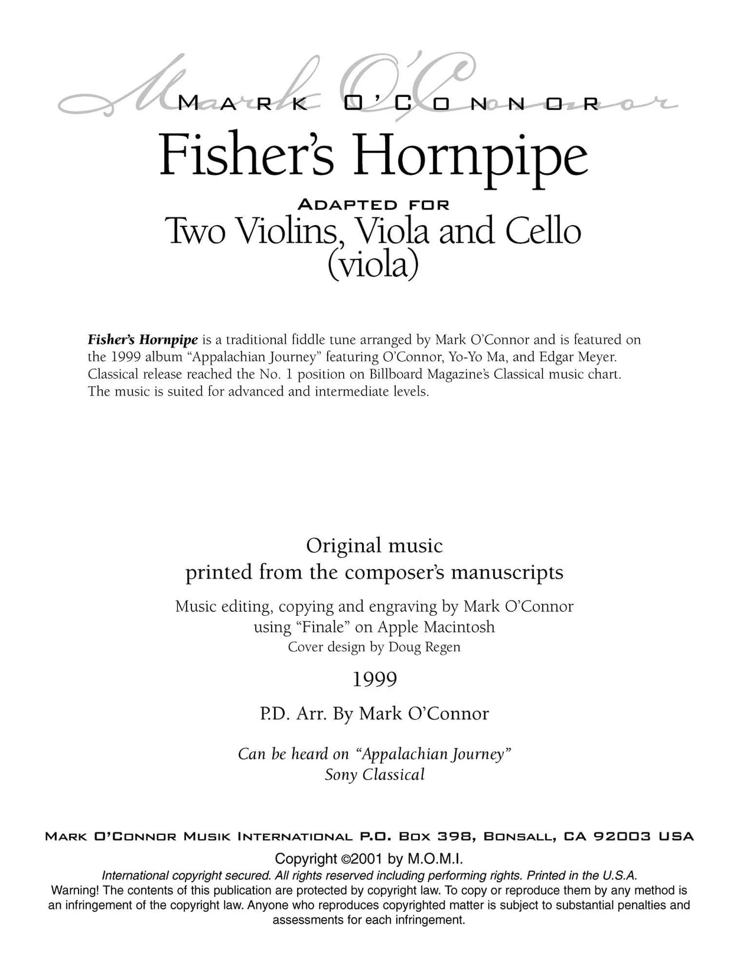 O'Connor, Mark - Fisher's Hornpipe for 2 Violins, Viola, and Cello - Viola - Digital Download - Image 2