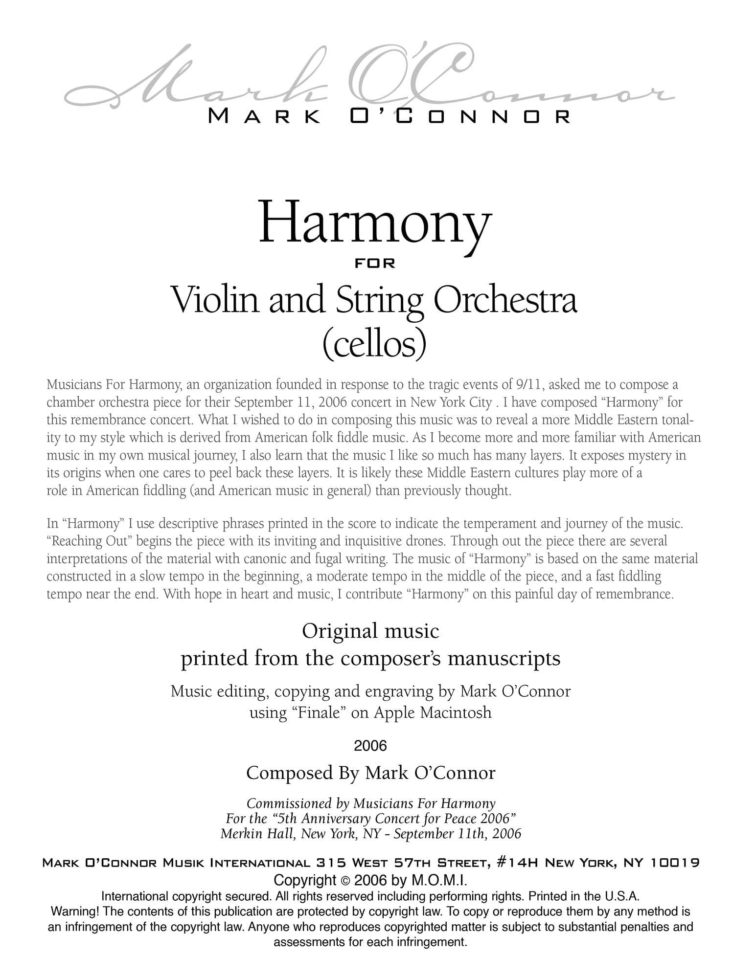 O'Connor, Mark - Harmony for Violin and Strings - Cellos - Digital Download - Image 2
