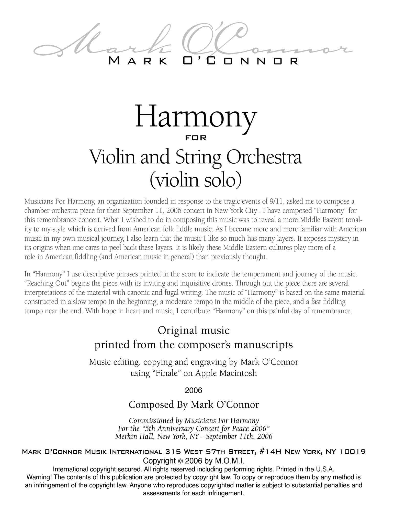 O'Connor, Mark - Harmony for Violin and Strings - Violin Solo - Digital Download - Image 2