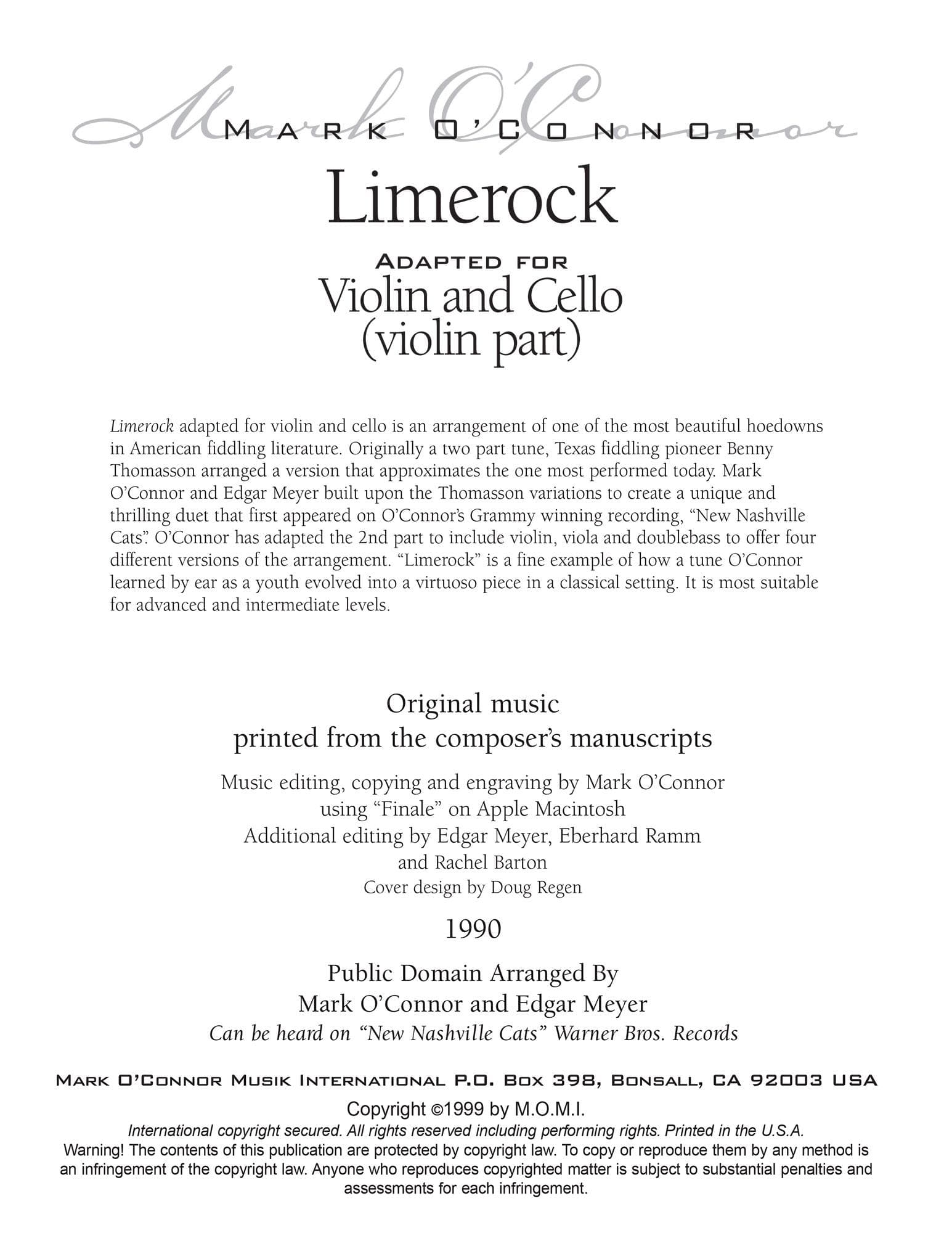 O'Connor, Mark - Limerock for Violin and Cello - Violin - Digital Download - Image 2