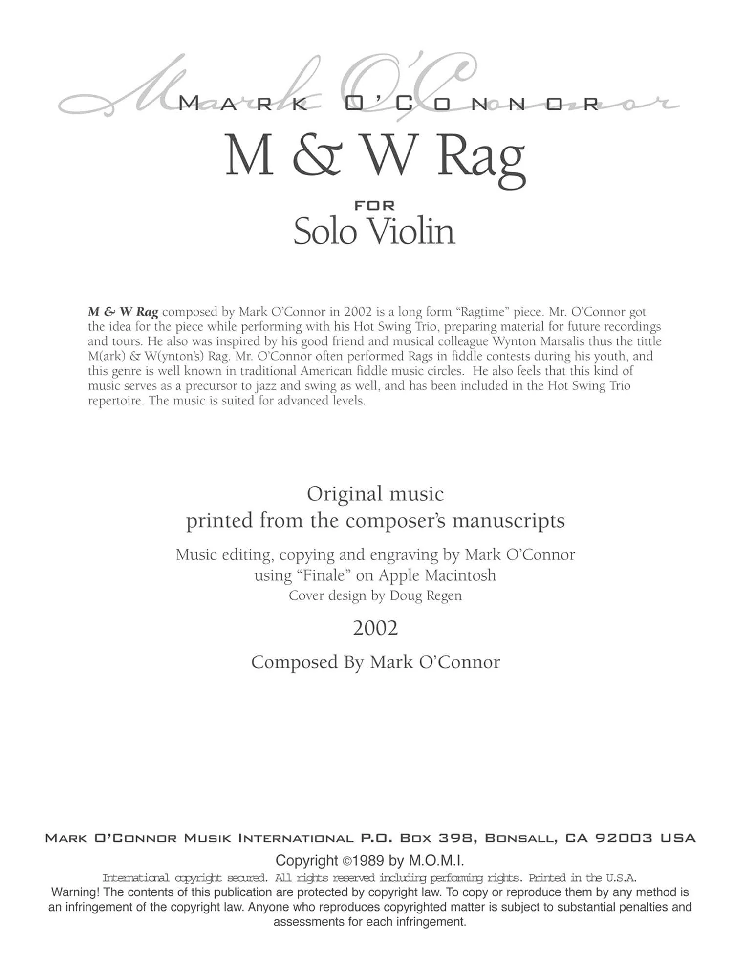O'Connor, Mark - M & W Rag - Violin - Digital Download - Image 2