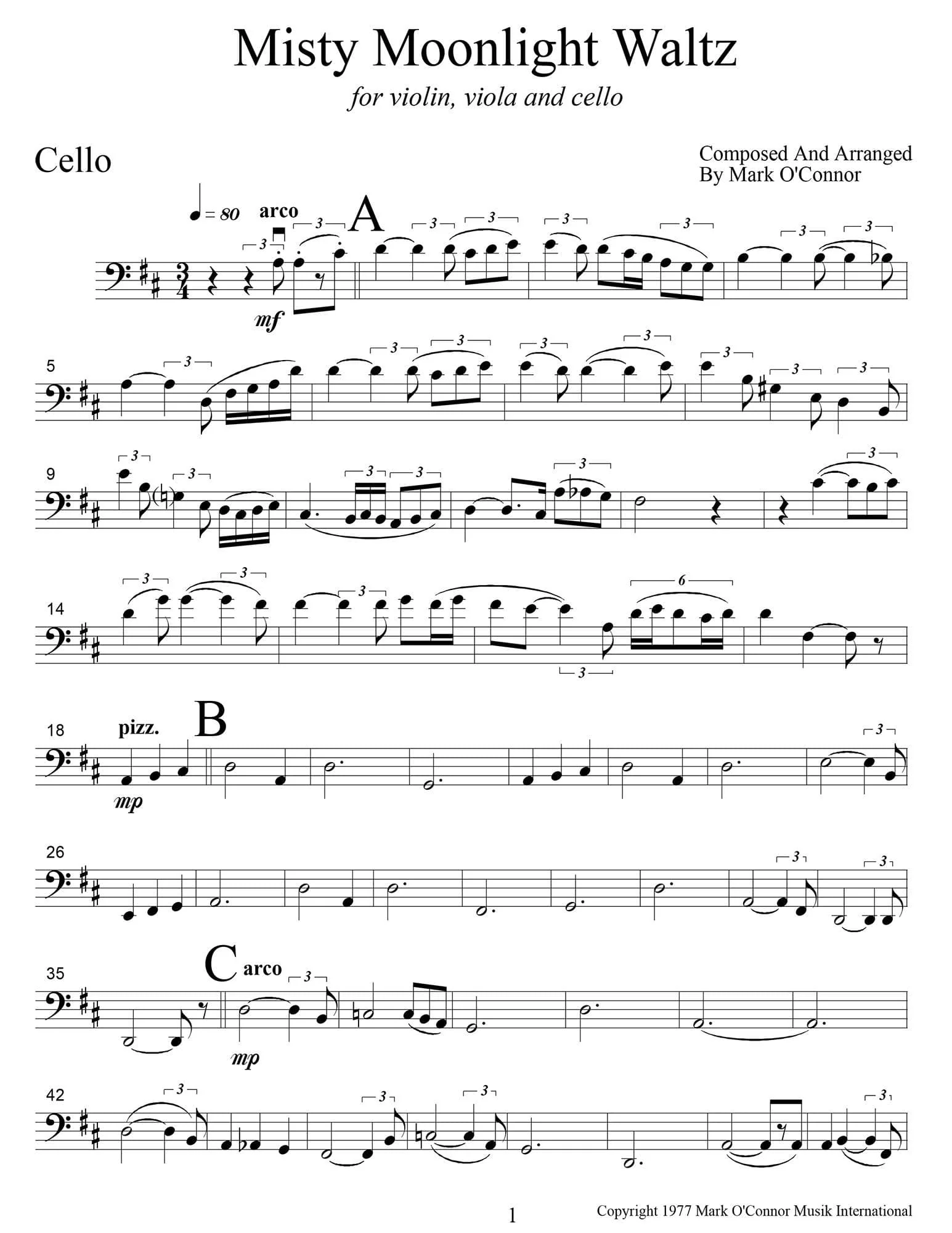 O'Connor, Mark - Misty Moonlight Waltz for Violin, Viola, and Cello - Cello - Digital Download - Image 3