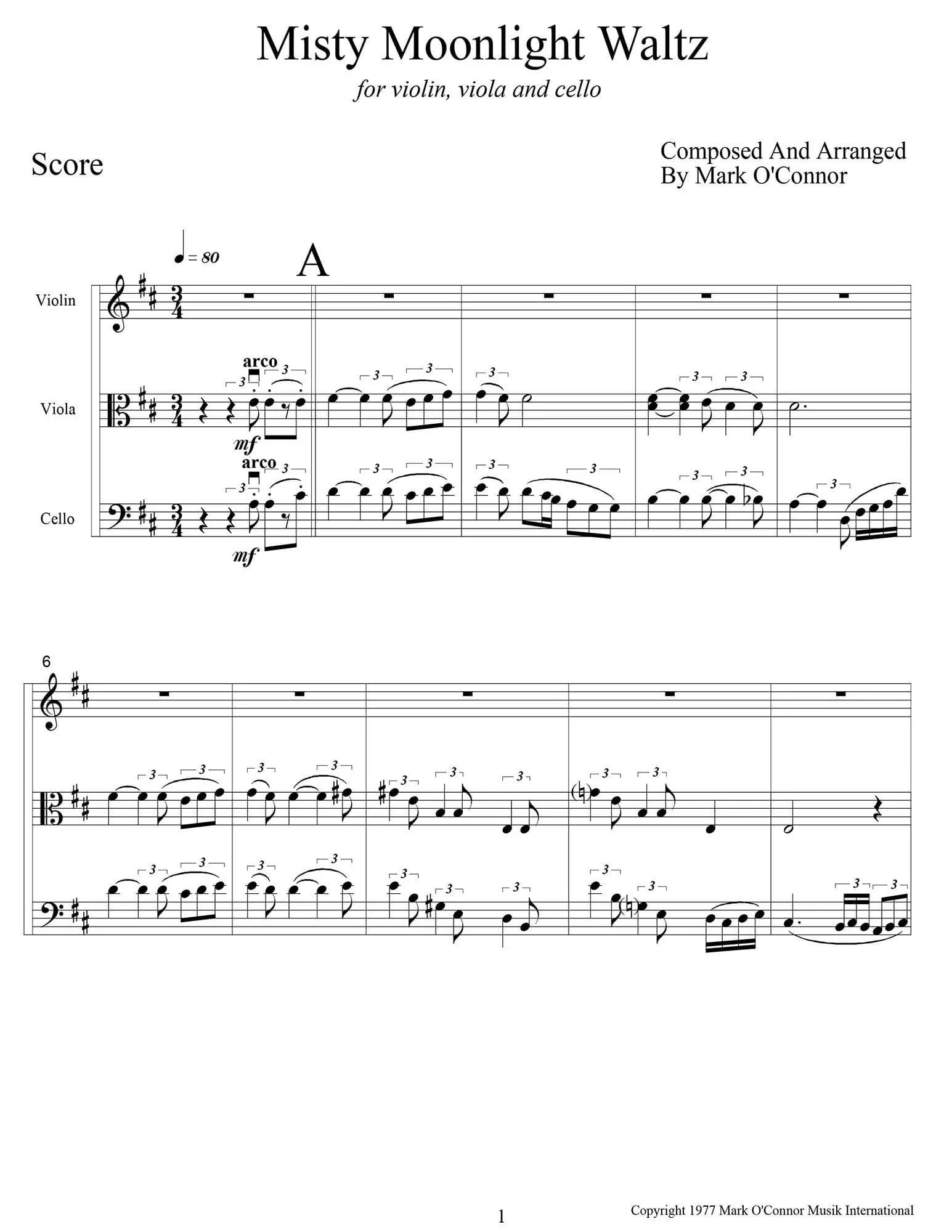 O'Connor, Mark - Misty Moonlight Waltz for Violin, Viola, and Cello - Score - Digital Download - Image 3