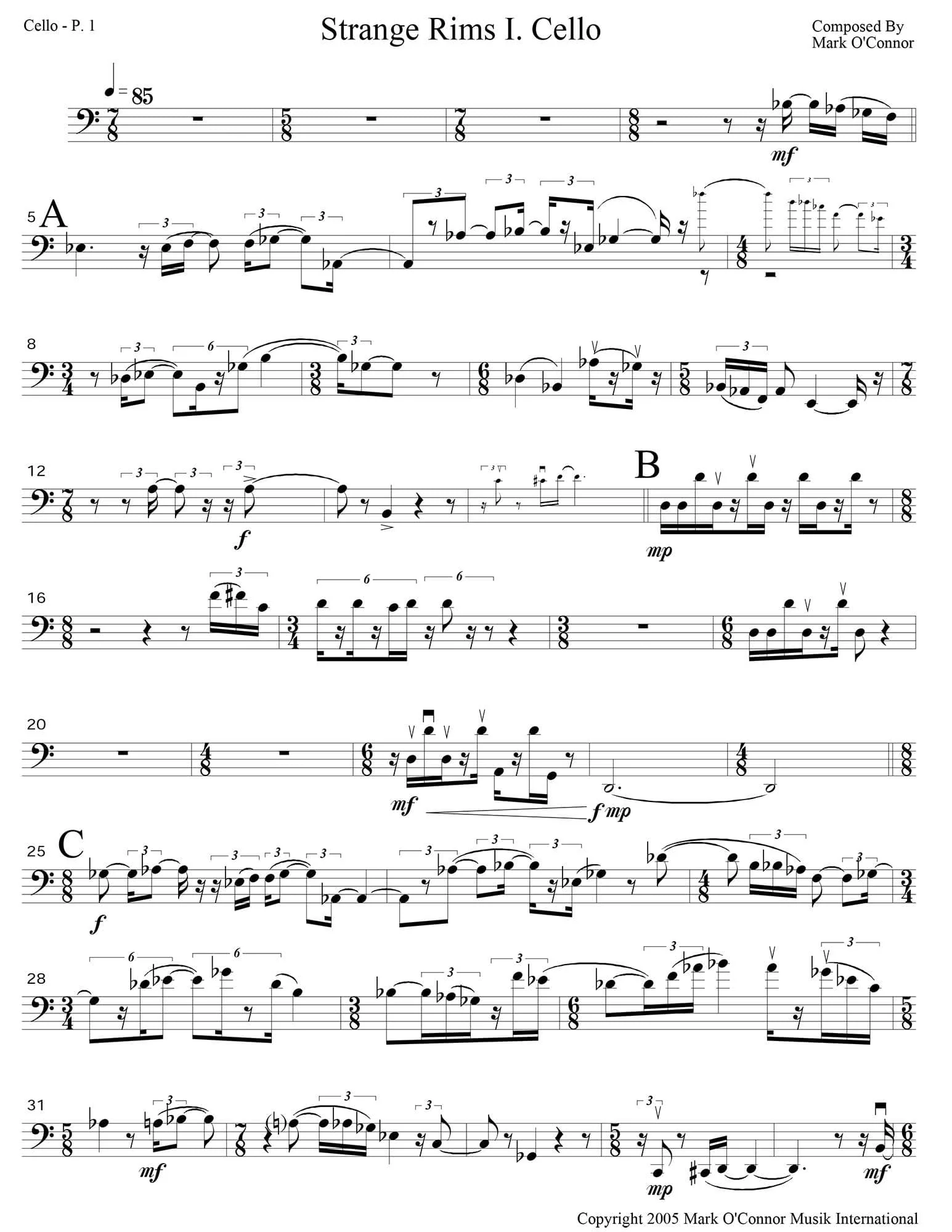 O'Connor, Mark - Piano Trio No. 2 (Strange Rims) for Piano, Violin, and Cello - Cello - Digital Download - Image 3