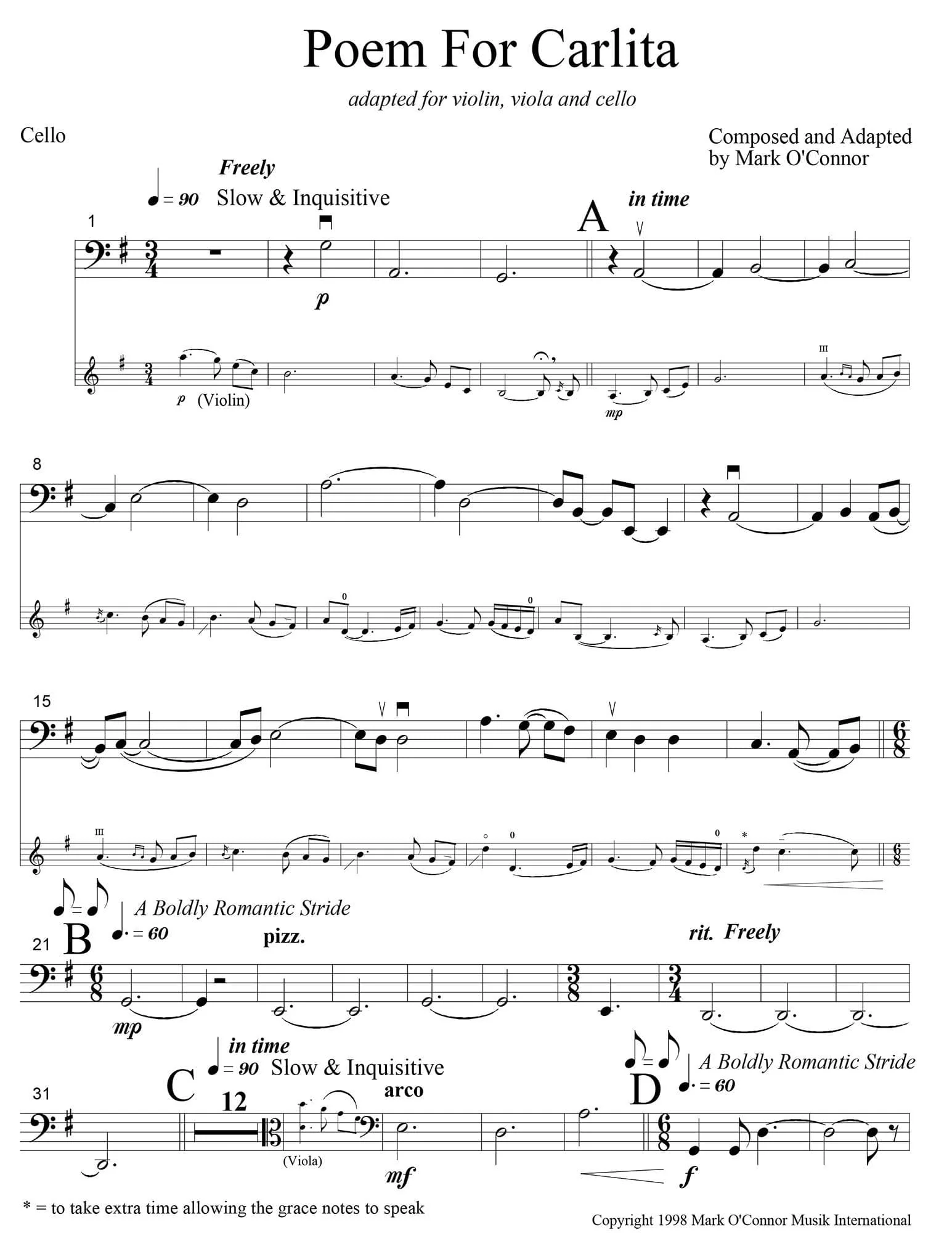 O'Connor, Mark - Poem for Carlita for Violin, Viola, and Cello - Cello - Digital Download - Image 2