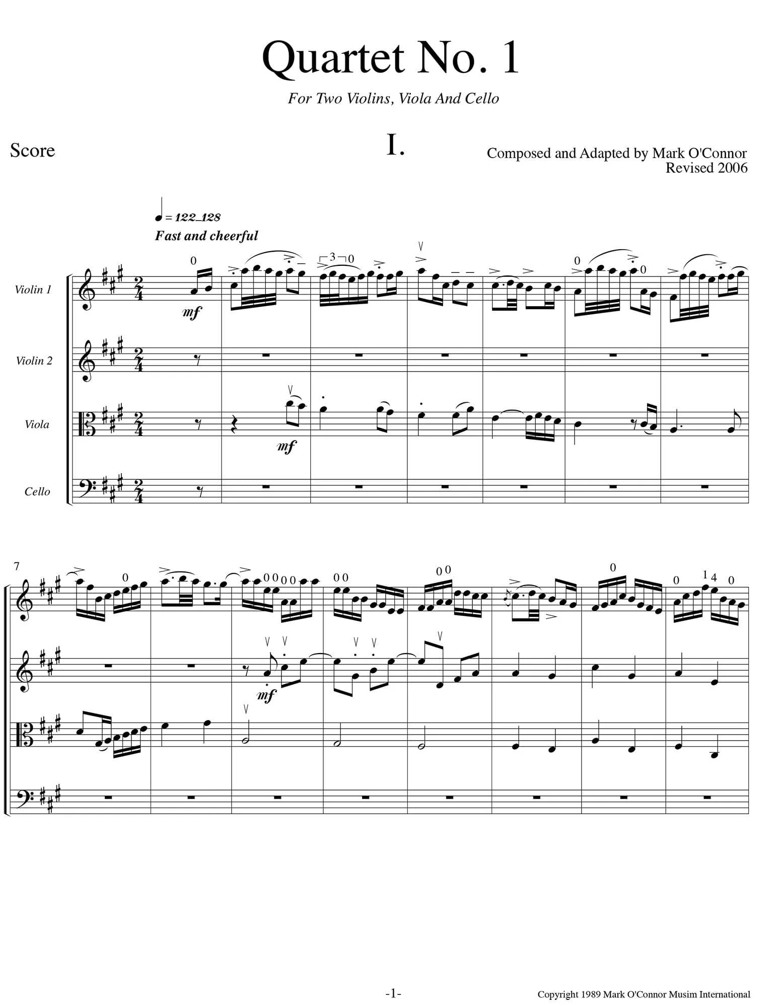 O'Connor, Mark - Quartet for 2 Violins, Viola, and Cello - Score - Digital Download - Image 3
