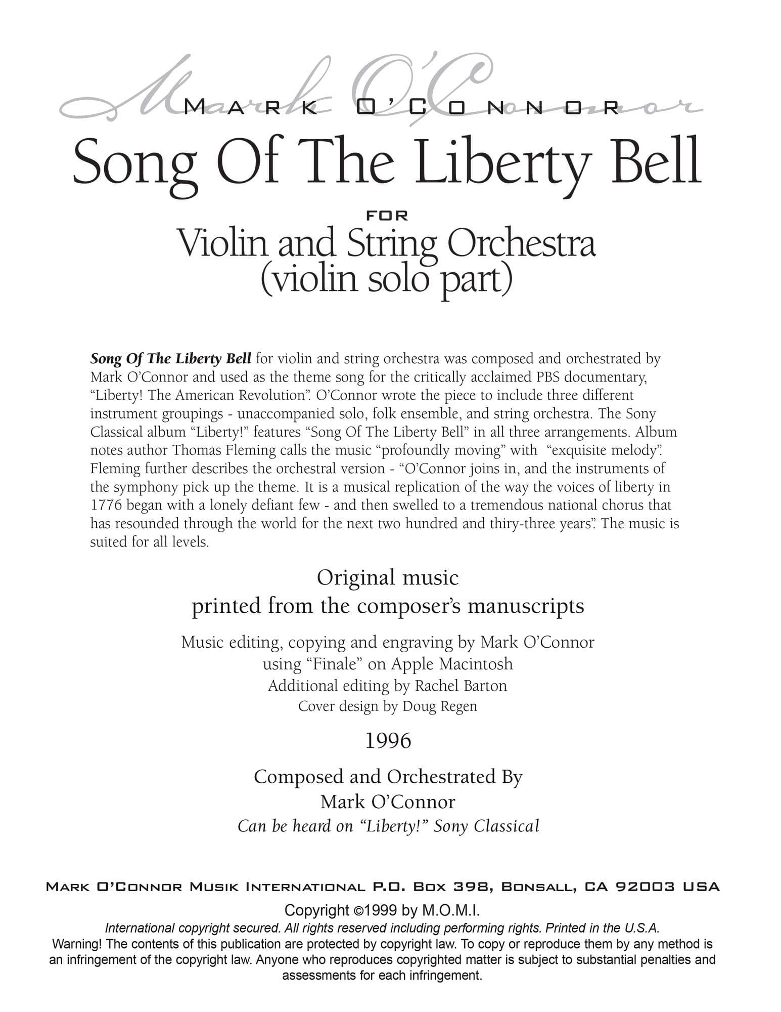O'Connor, Mark - Song Of The Liberty Bell for Violin and String Orchestra - Solo Violin - Digital Download - Image 2