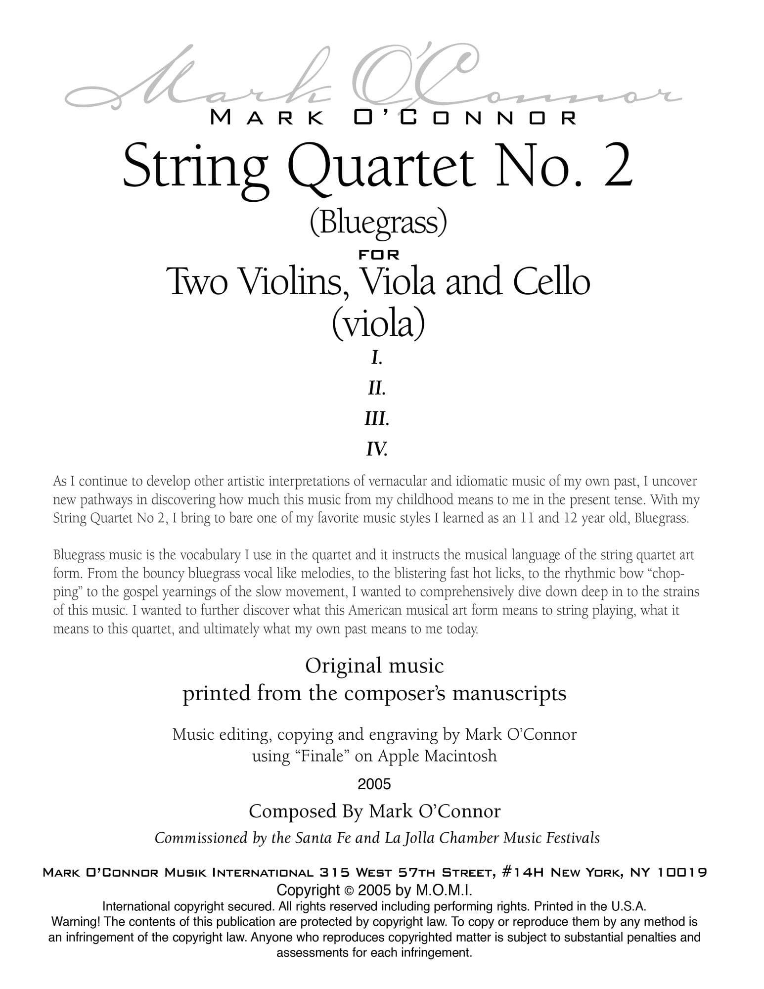 O'Connor, Mark - String Quartet No. 2 (Bluegrass) for 2 Violins, Viola, and Cello - Viola - Digital Download - Image 2