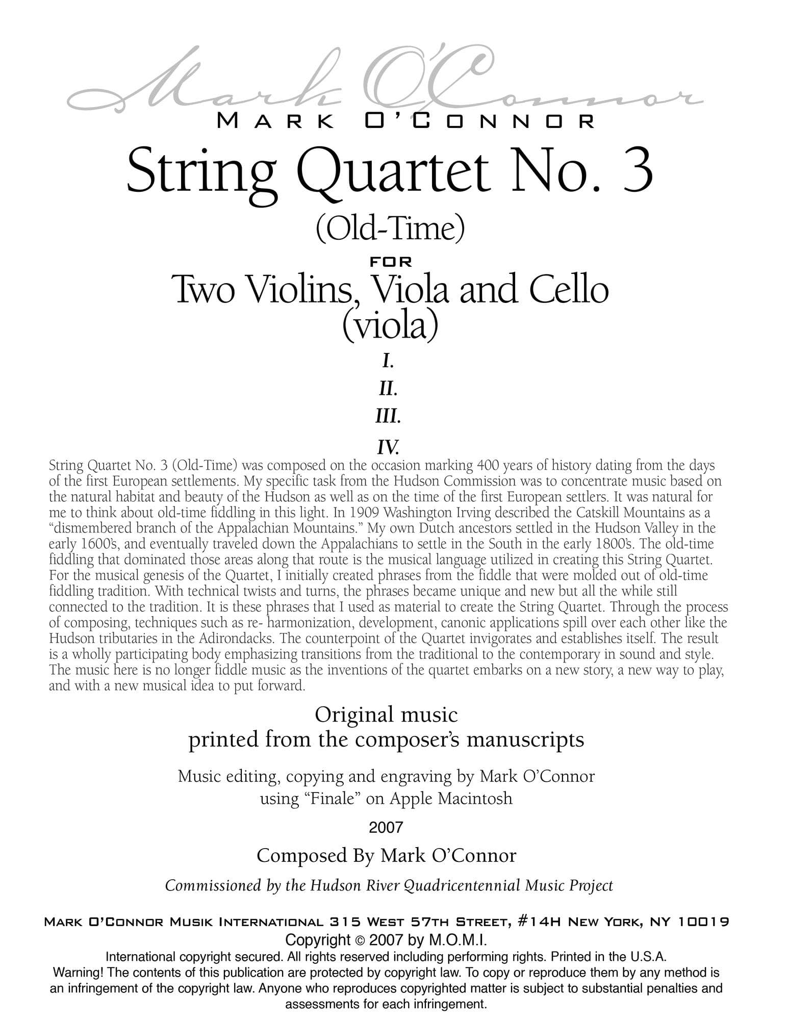 O'Connor, Mark - String Quartet No. 3 (Old-Time) for 2 Violins, Viola, and Cello - Viola - Digital Download - Image 2