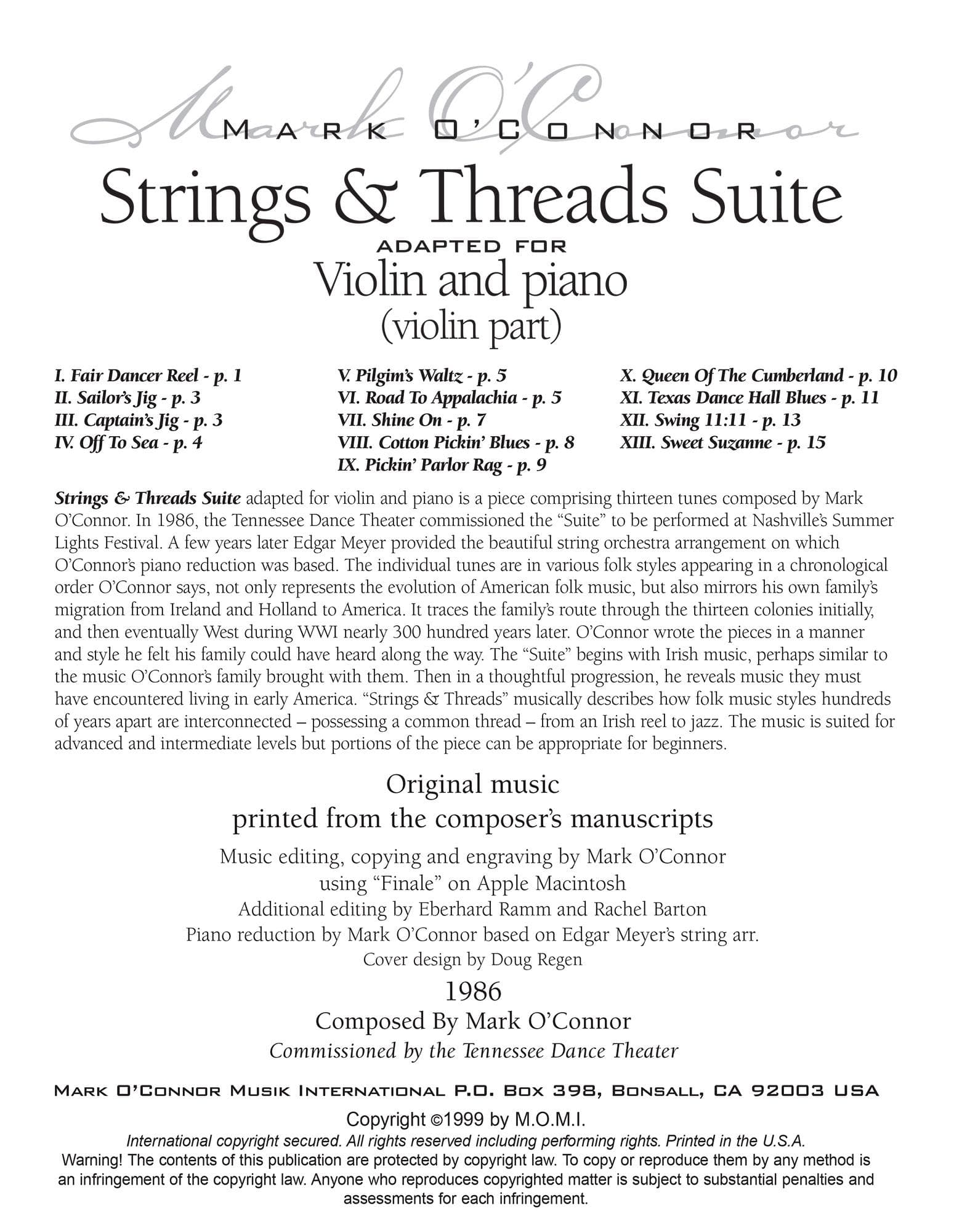 O'Connor, Mark - Strings & Threads Suite for Violin and Piano - Violin - Digital Download - Image 2