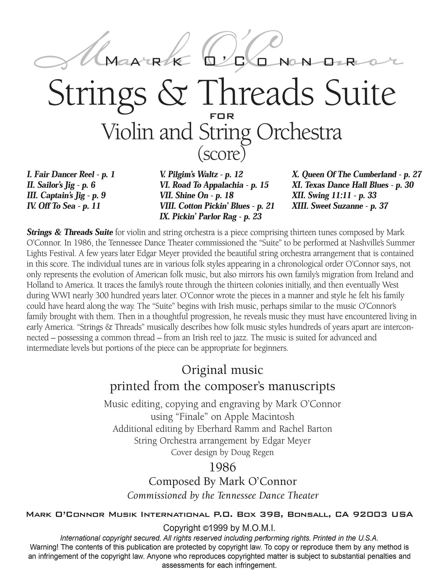 O'Connor, Mark - Strings & Threads Suite for Violin and String Orchestra - Score - Digital Download - Image 2