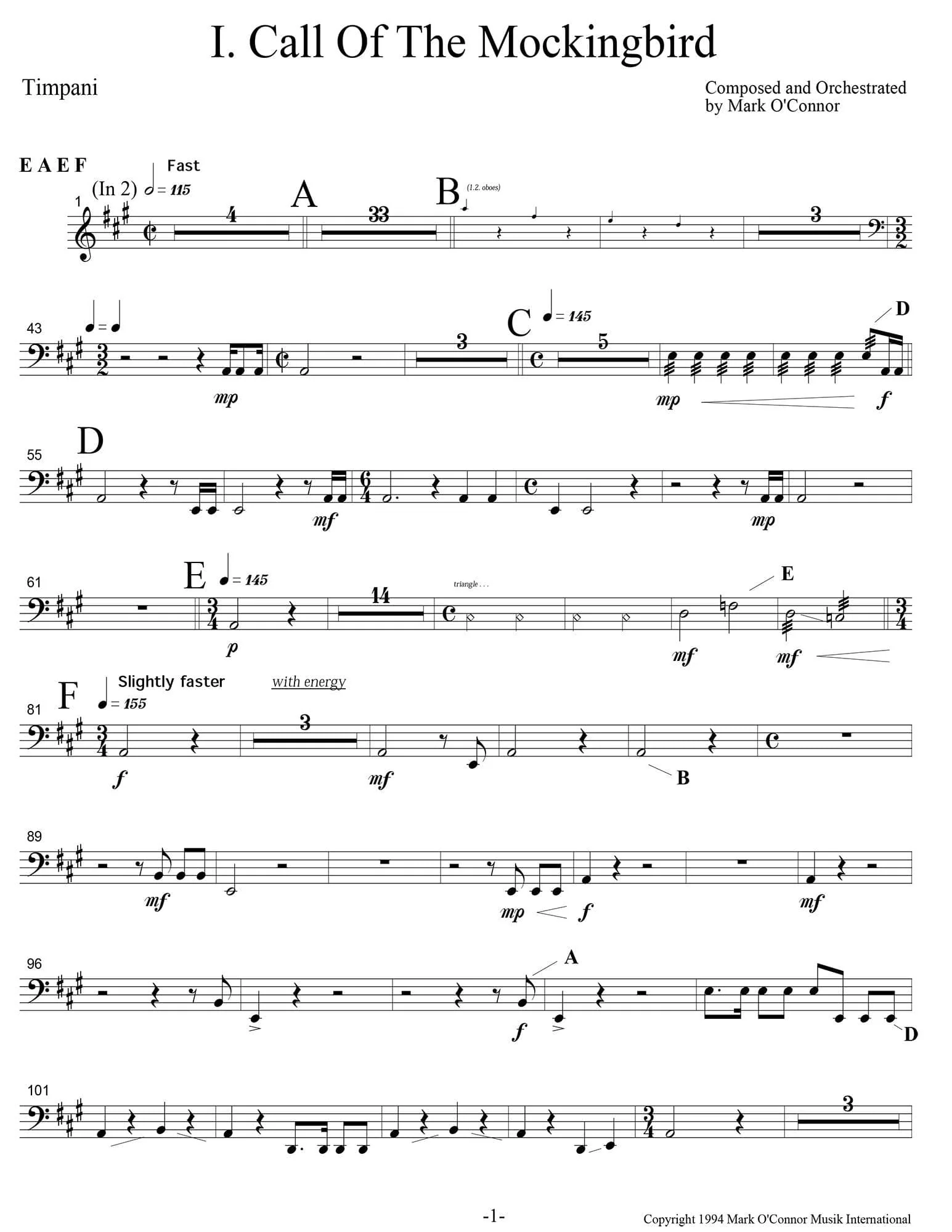 O'Connor, Mark - Three Pieces for Violin and Orchestra - Percussion - Digital Download - Image 3