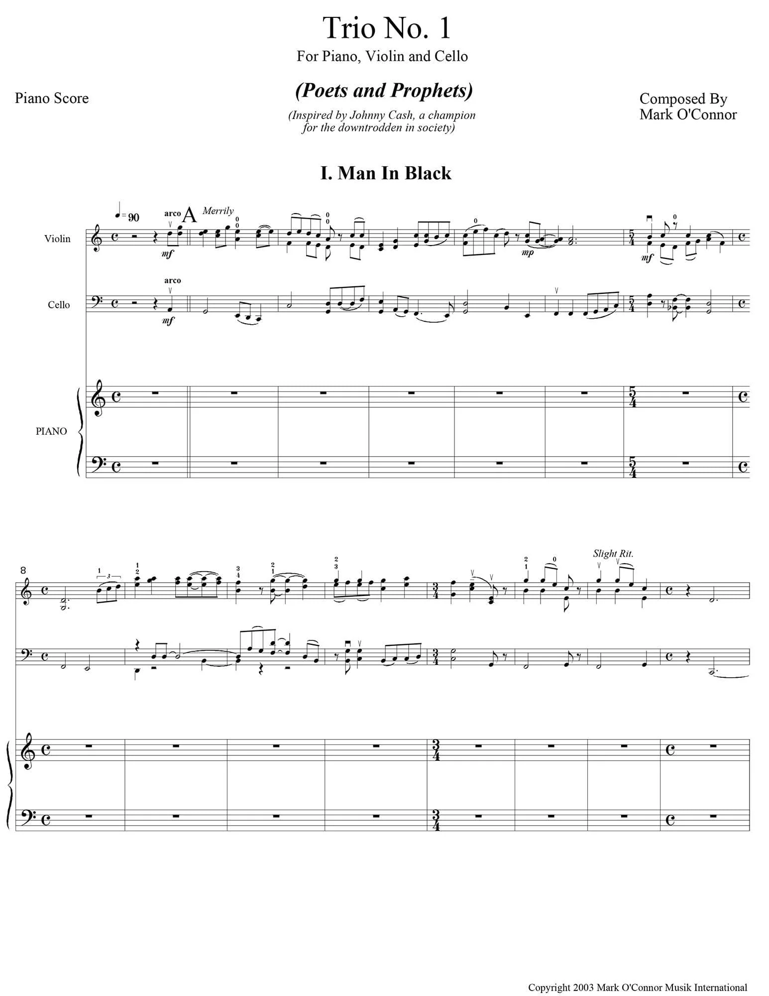 O'Connor, Mark - Trio No. 1 (Poets and Prophets) for Piano, Violin and Cello - Piano - Digital Download - Image 3