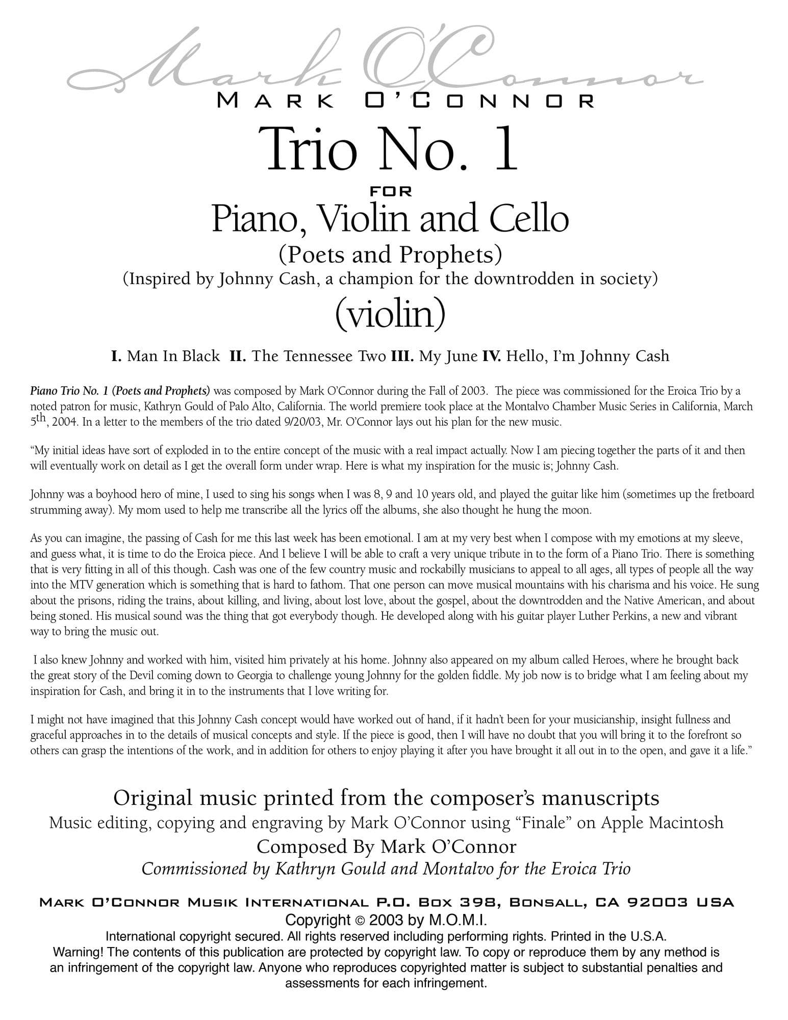 O'Connor, Mark - Trio No. 1 (Poets and Prophets) for Piano, Violin and Cello - Violin - Digital Download - Image 2