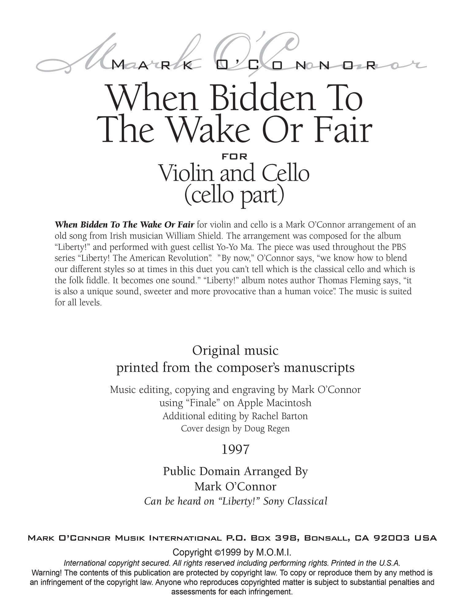 O'Connor, Mark - When Bidden To The Wake Or Fair for Violin and Cello - Cello - Digital Download - Image 2