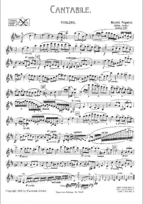 Nicolo Paganini - Cantabile - Violin and Piano - Universal Edition - Image 2