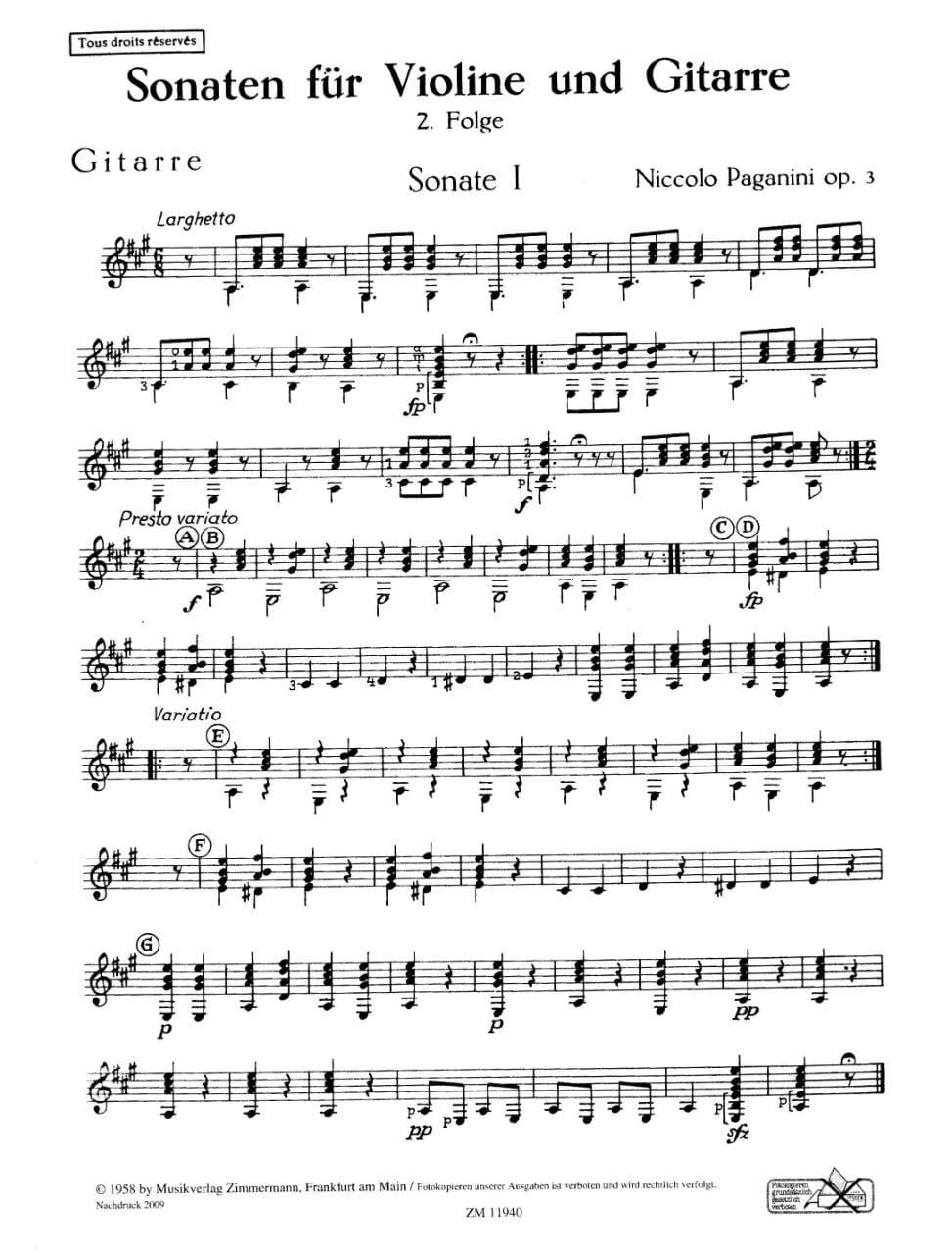 Paganini, Niccolò - Six Sonatas for Violin and Guitar, Op 3 - edited by Erwin Schwarz-Reiflingen - Zimmermann Edition - Image 2