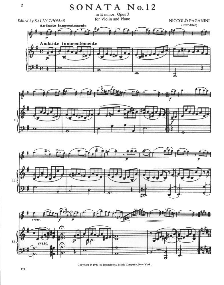 Paganini, Niccolo - Sonata No 12 in e minor, Op 3 - for Violin and Piano - edited by Sally Thomas - International Music Company - Image 2