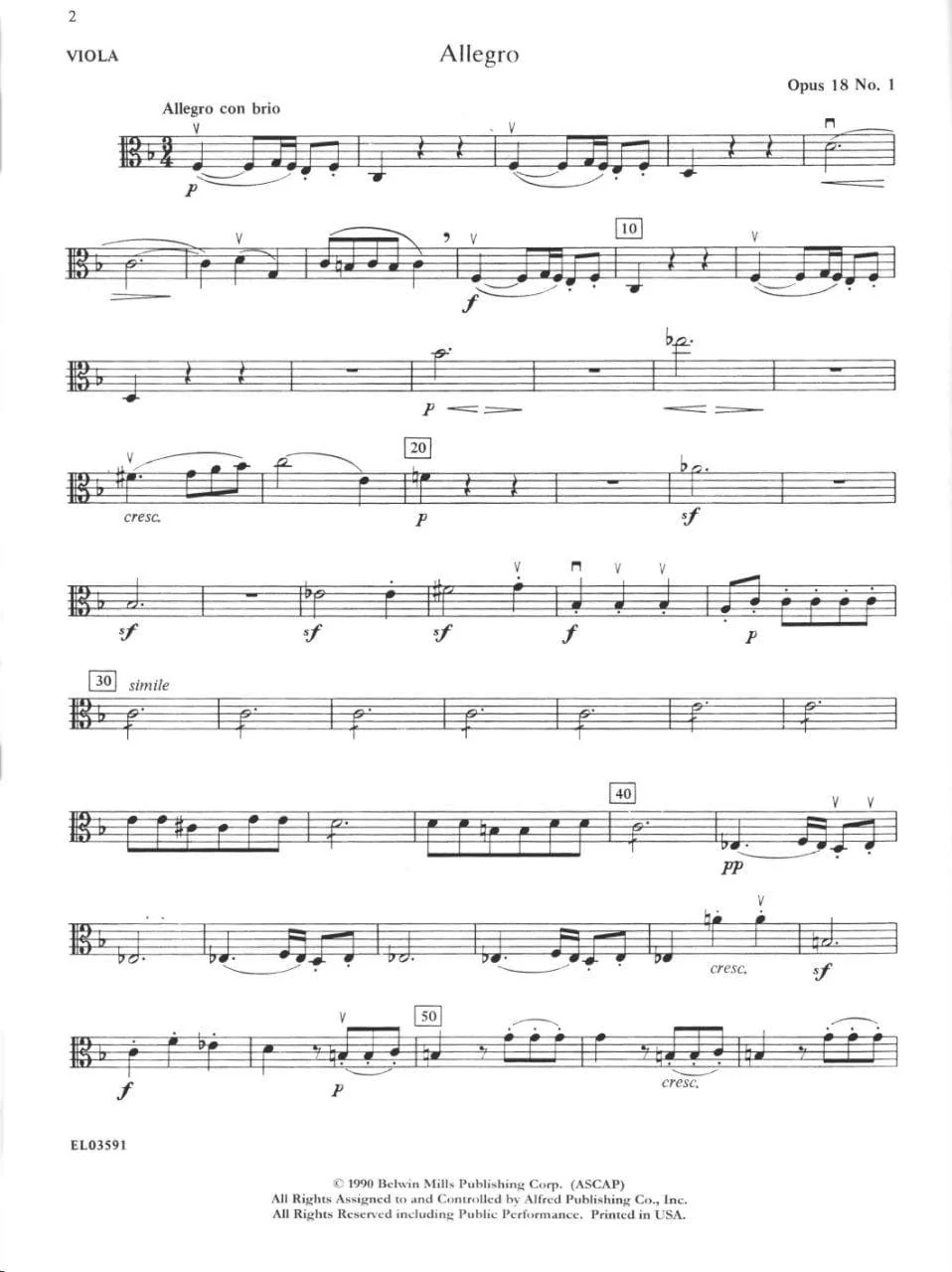 Beethoven, Ludwig - The Best of Beethoven - for String Quartet or String Orchestra - Viola part - edited by Paul Paradise - Belwin-Mills Publishing - Image 3