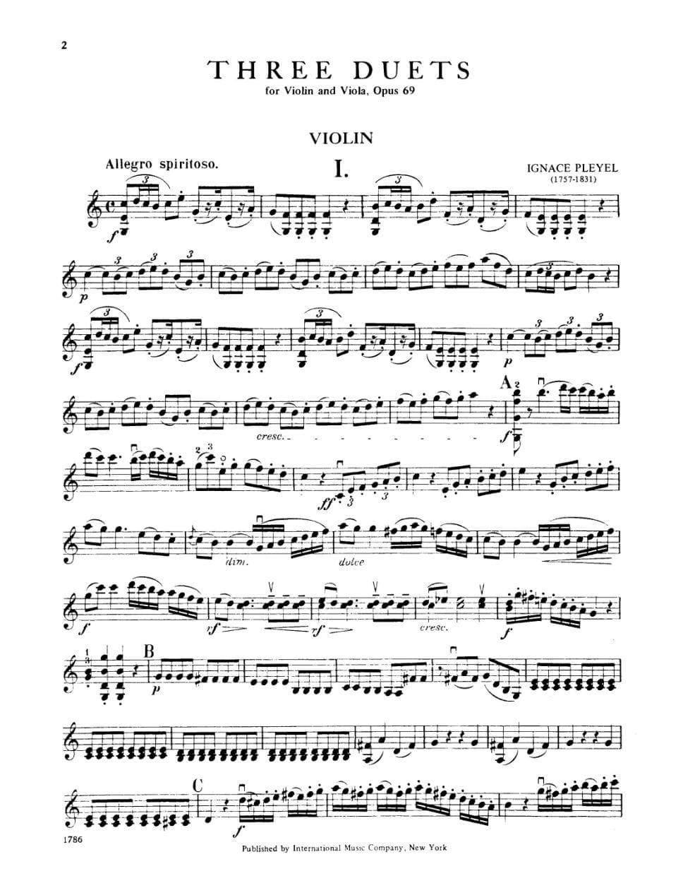 Pleyel, Ignace Joseph - Three Duets  Op 69 B 526-528 For Violin and Viola Published by International Music Company - Image 2