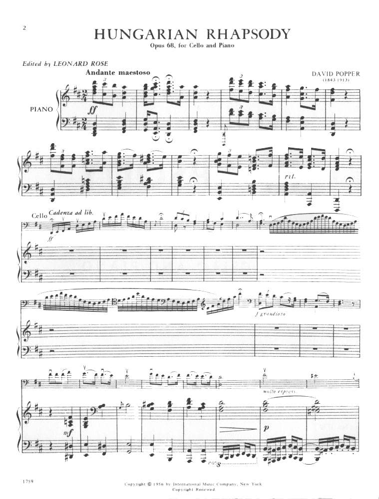 Popper, David - Hungarian Rhapsody Op 68 - for Cello and Piano - edited by Leonard Rose - International Music Company - Image 2