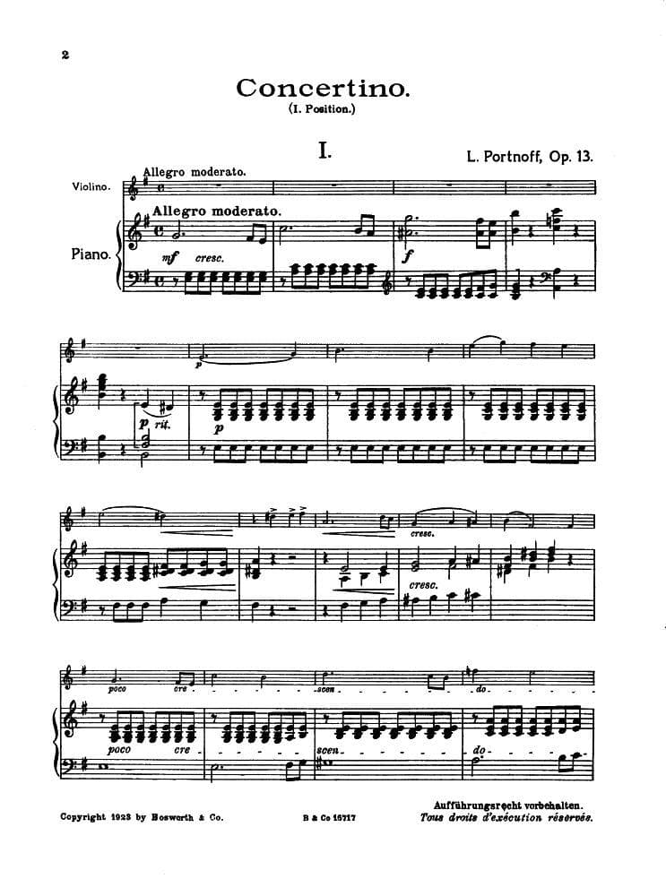 Portnoff, Leo - Concertino in E Minor for Violin and Piano, Op 13 - Bosworth - Image 2