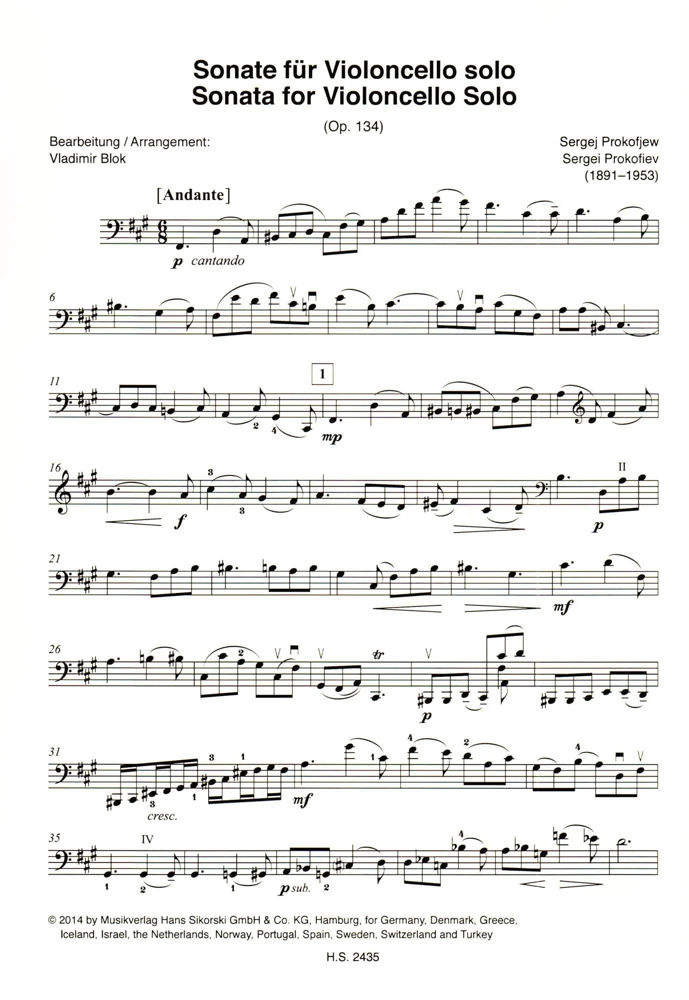 Prokofiev, Sergei - Sonata for Solo Cello, Op. 134 - arranged by Vladimir Blok - Edition Sikorski - Image 2