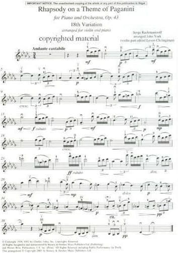 Rachmaninoff, Sergey - Rhapsody on a Theme of Paganini: 18th Variation - Violin and Piano - edited by Levon Chilingirian - Boosey and Hawkes - Image 2