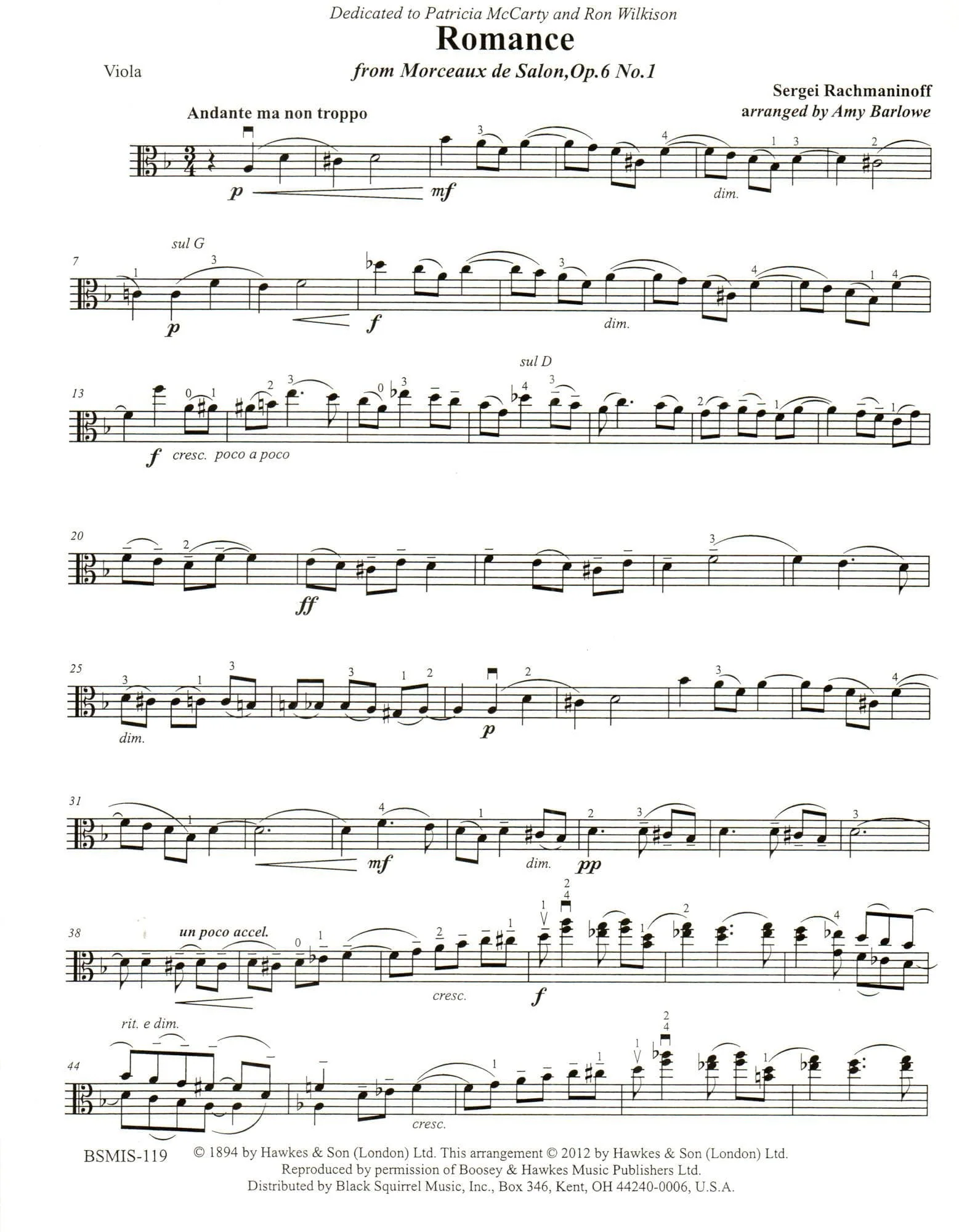 Rachmaninoff, Sergey - Romance from Morceaux de Salon, Op. 6, No. 1 - for Viola and Piano - Black Squirrel Publications - Image 2