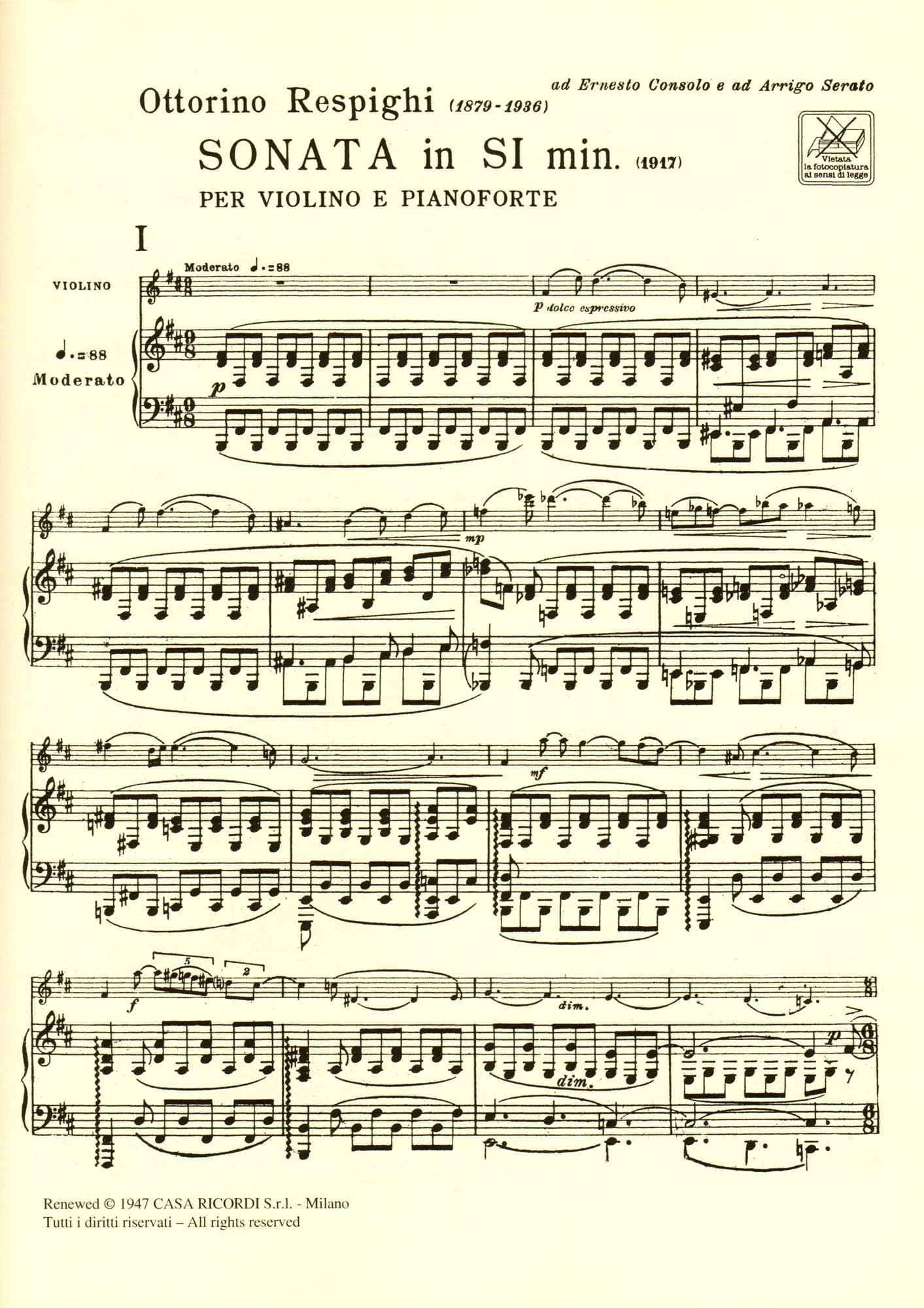 Respighi - Sonata In B Minor For Violin and Piano Published by Ricordi - Image 2
