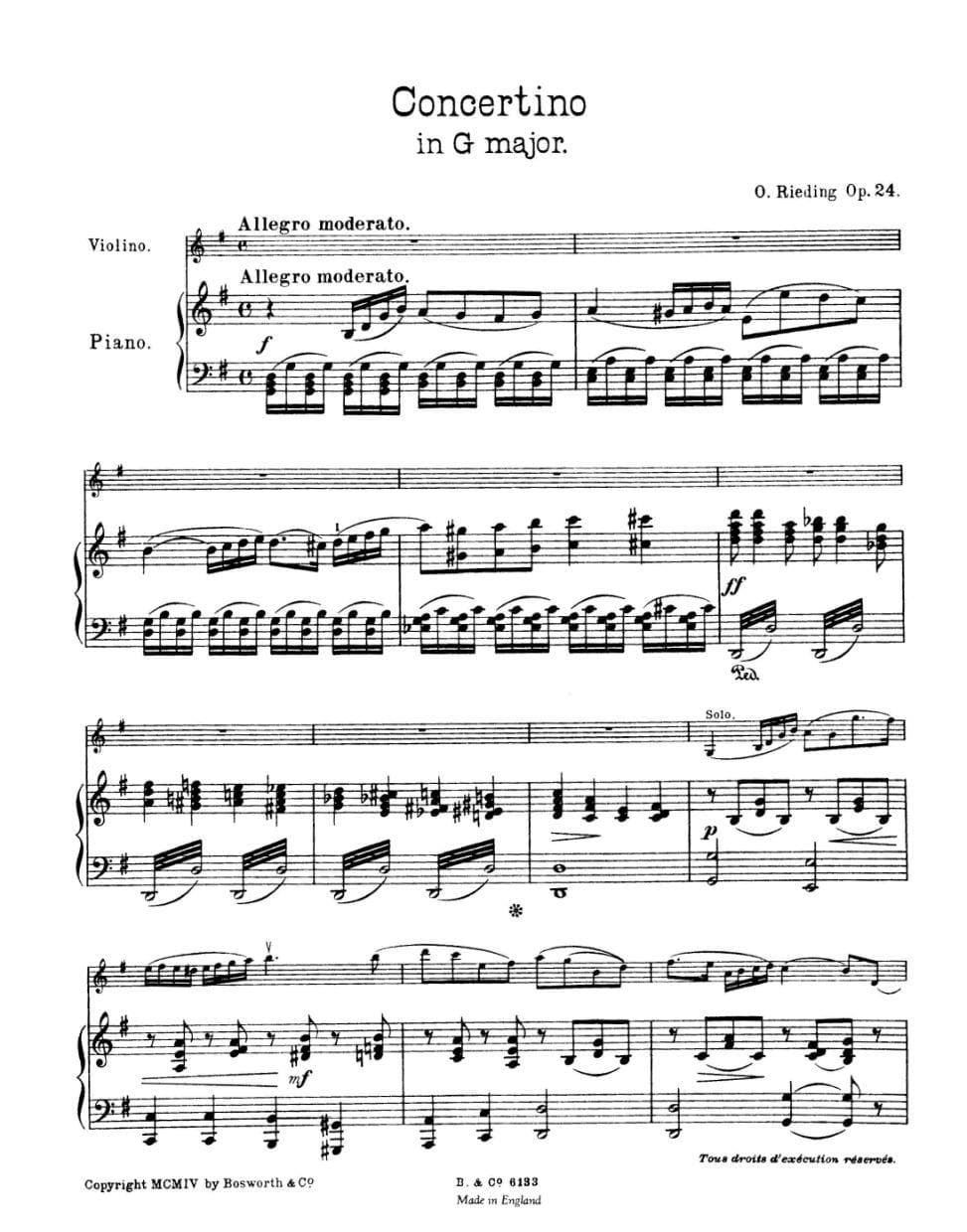 Rieding, Oscar - Concertino In G Major Op 24 For Violin and Piano Published by Bosworth & Co - Image 2