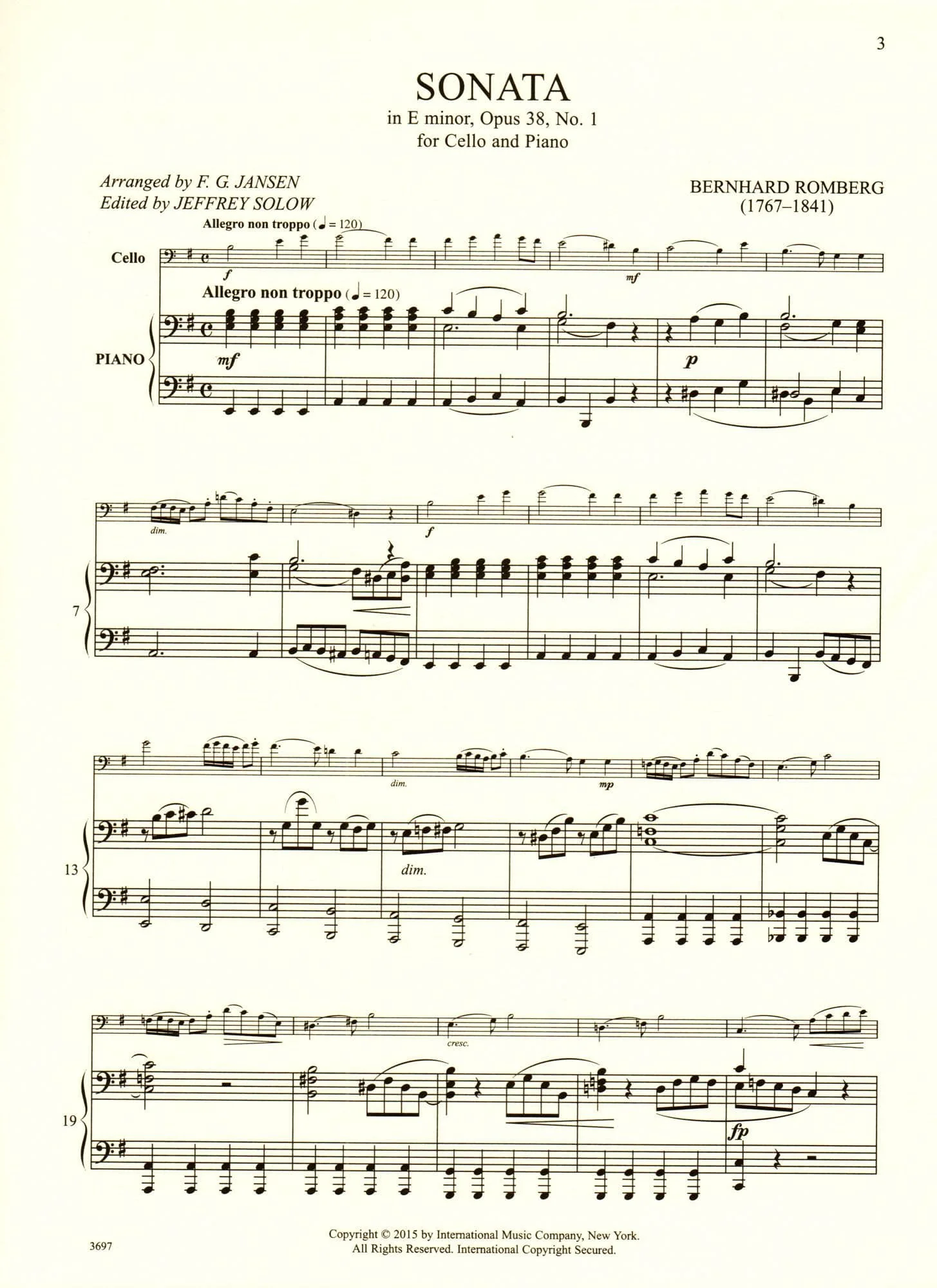 Romberg - Sonata In E Minor Op 38 No 1 - for Cello and Piano - edited by Jeffrey Solow - International Music Company - Image 3