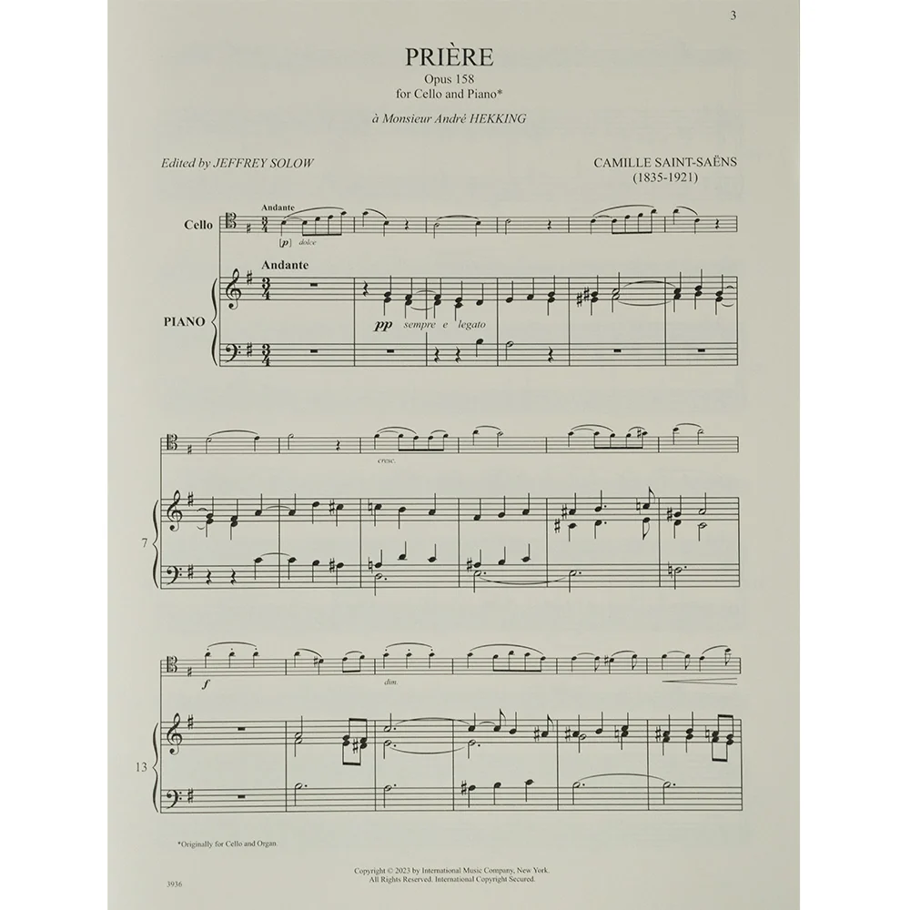 Saint-Saens: Priere, Opus 158 for cello and piano - Image 3