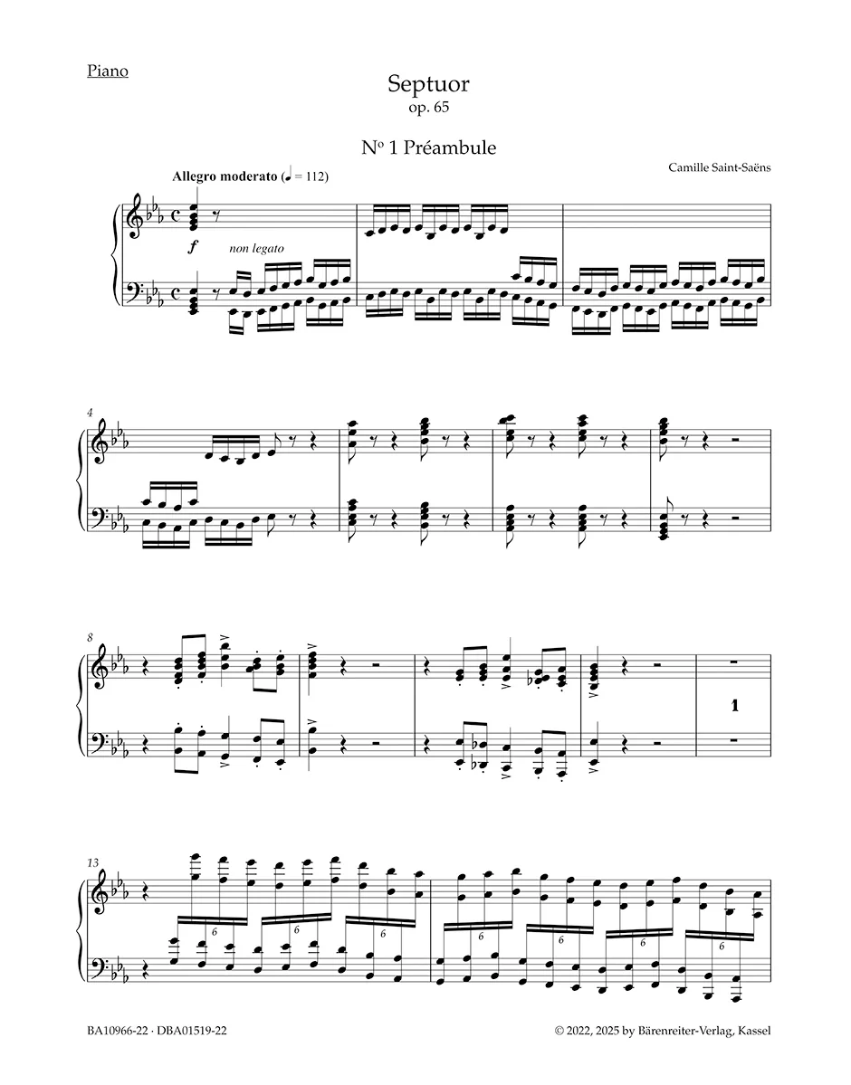 Saint-Saëns, Camille - Septuor for Trumpet, Piano, Two Violins, Viola, Cello and Double Bass in E-flat Major, Op. 65 - Parts - edited by Ratner - Barenreiter Urtext - Image 2