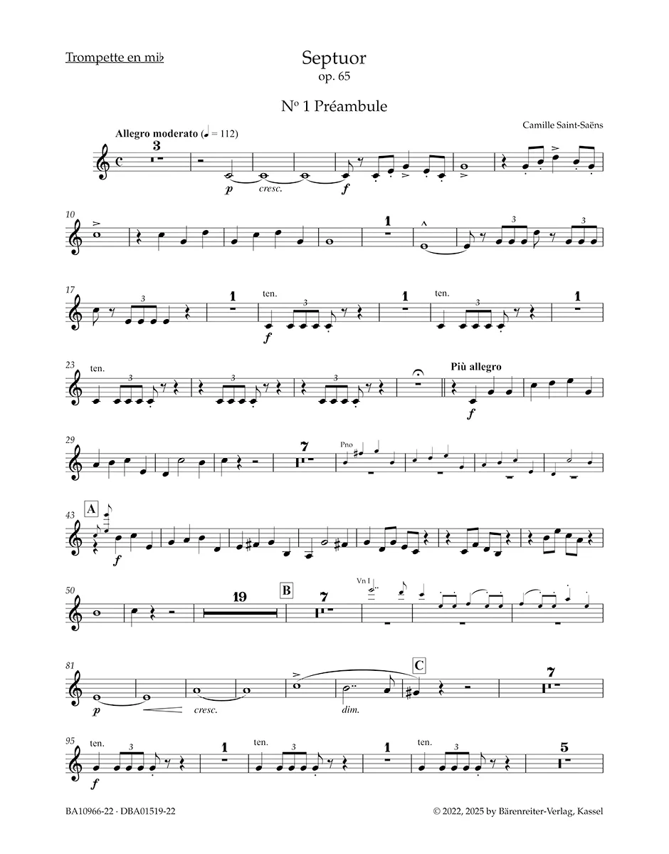 Saint-Saëns, Camille - Septuor for Trumpet, Piano, Two Violins, Viola, Cello and Double Bass in E-flat Major, Op. 65 - Parts - edited by Ratner - Barenreiter Urtext - Image 3