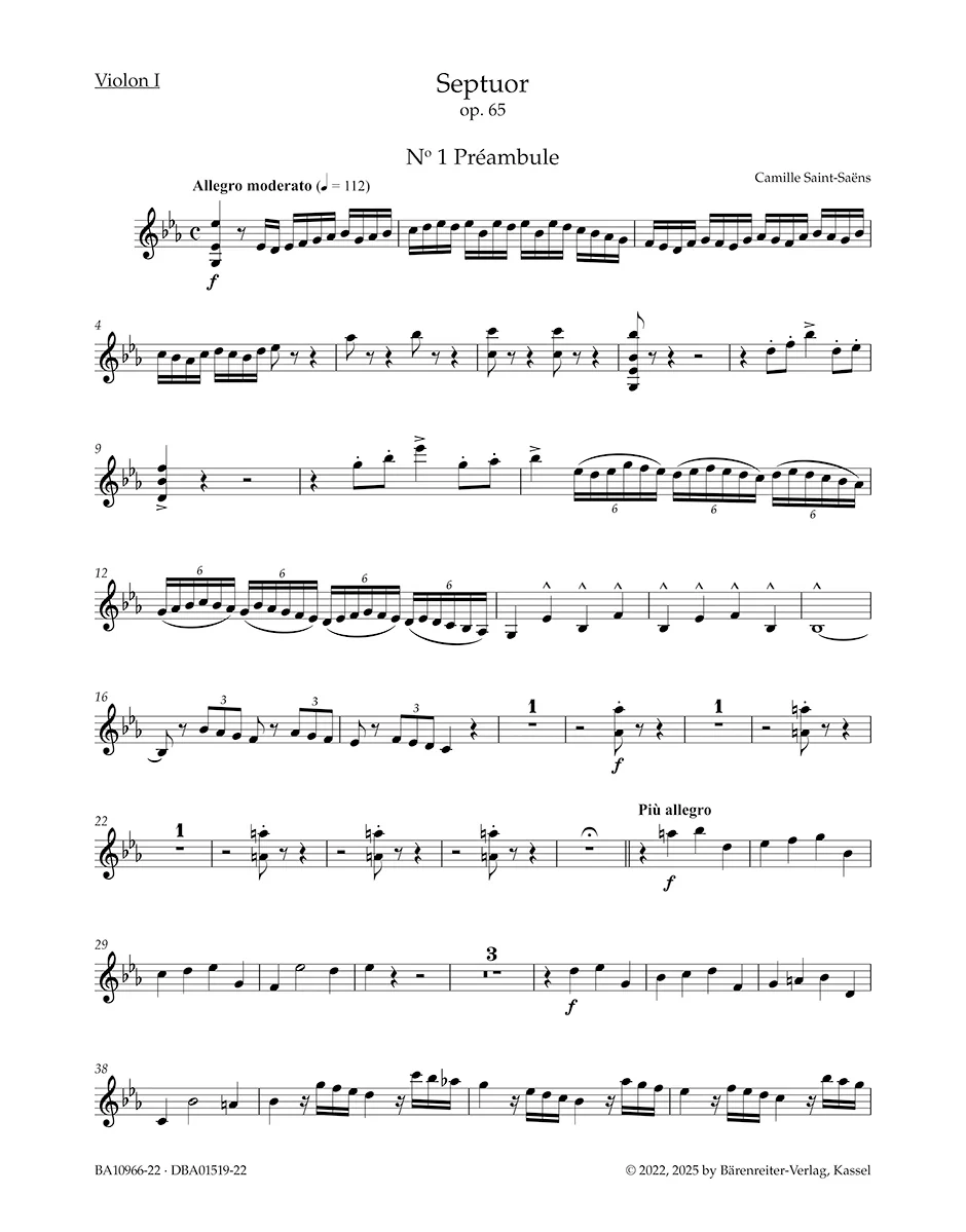Saint-Saëns, Camille - Septuor for Trumpet, Piano, Two Violins, Viola, Cello and Double Bass in E-flat Major, Op. 65 - Parts - edited by Ratner - Barenreiter Urtext - Image 4