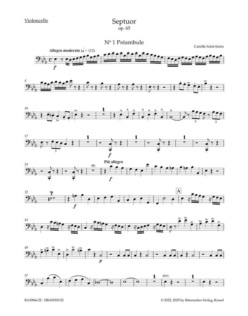 Saint-Saëns, Camille - Septuor for Trumpet, Piano, Two Violins, Viola, Cello and Double Bass in E-flat Major, Op. 65 - Parts - edited by Ratner - Barenreiter Urtext - Image 5