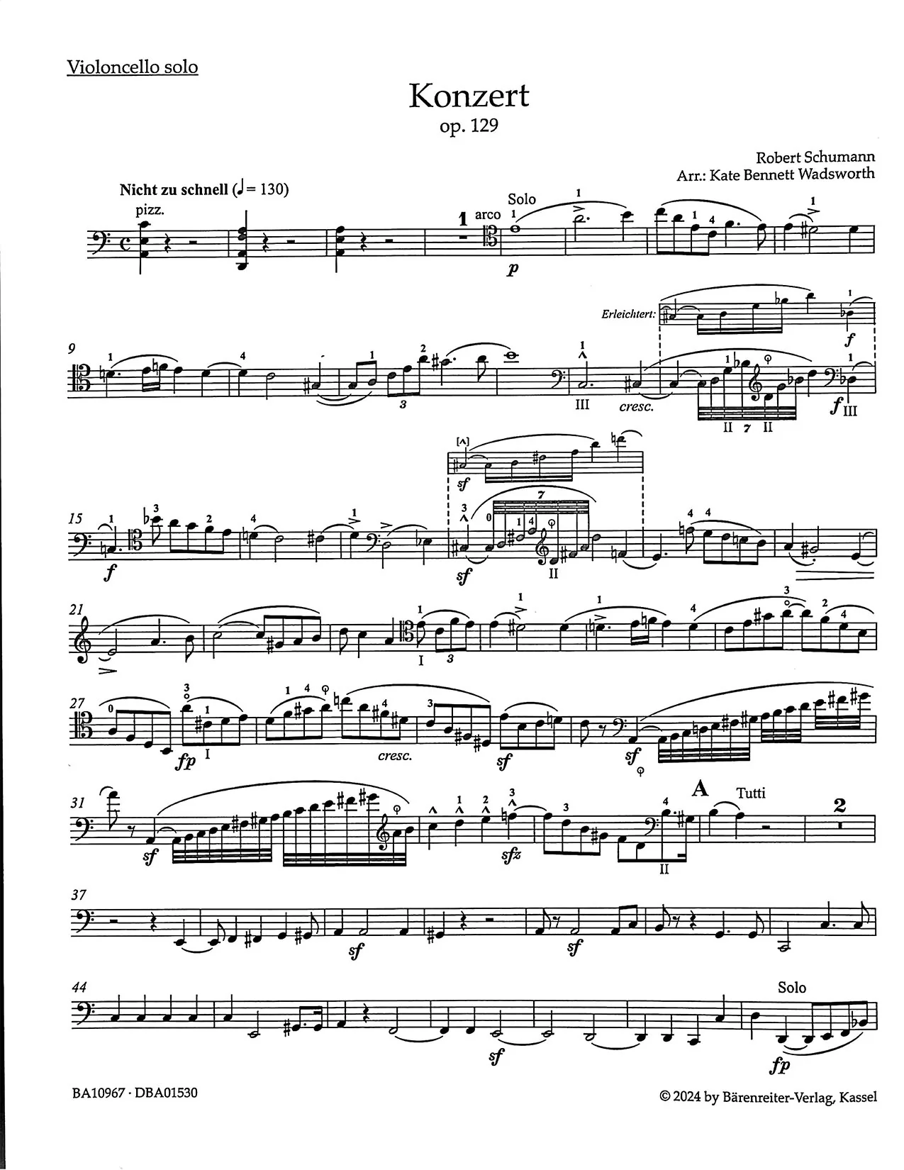Schumann, Robert, trans. Wadsworth - Cello Concerto in a minor, op. 129 for Cello and String Quartet - Barenreiter Urtext - Image 3