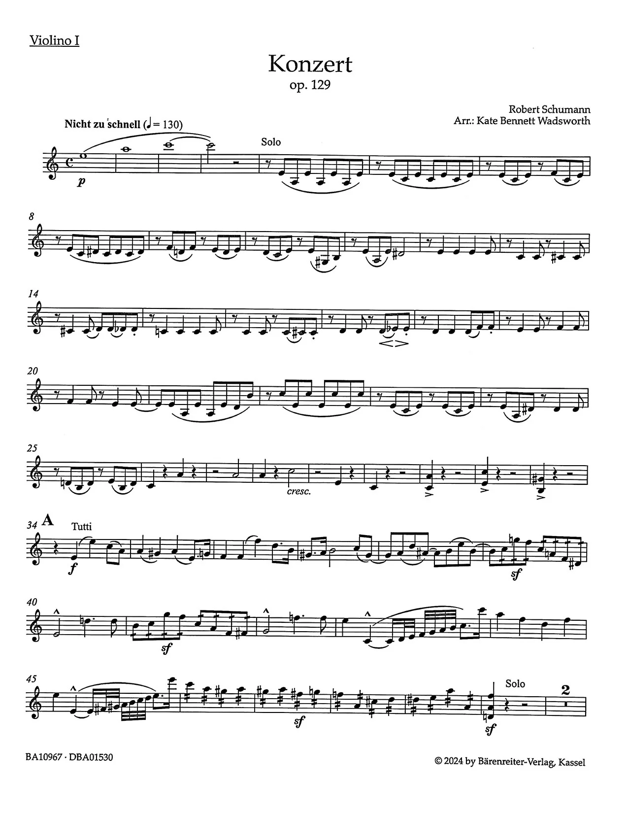 Schumann, Robert, trans. Wadsworth - Cello Concerto in a minor, op. 129 for Cello and String Quartet - Barenreiter Urtext - Image 4